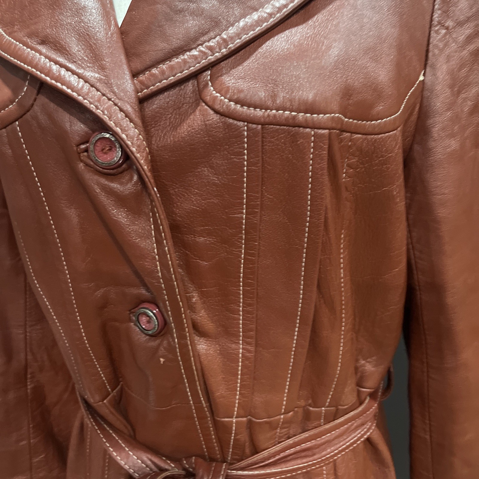 Woman’s Leather Coat Cognac Boho Mod Groovy Disco 70s Style Glam See Measurement