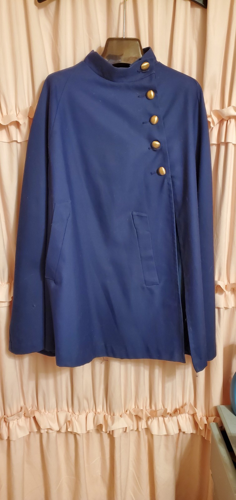 Vintage 60s Jerold Rain Coat Cape Mini Navy Military Gold Buttons Mod Go-Go