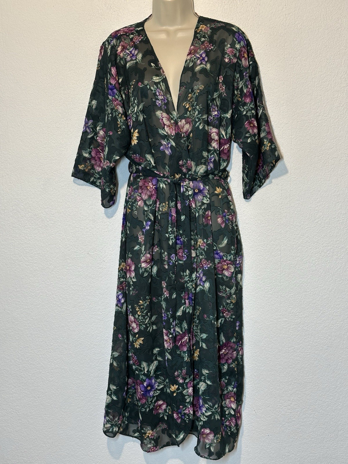 Vintage 90s Dark Semi Sheer Floral Maxi Robe Whimsigoth Wrap Duster Lightweight