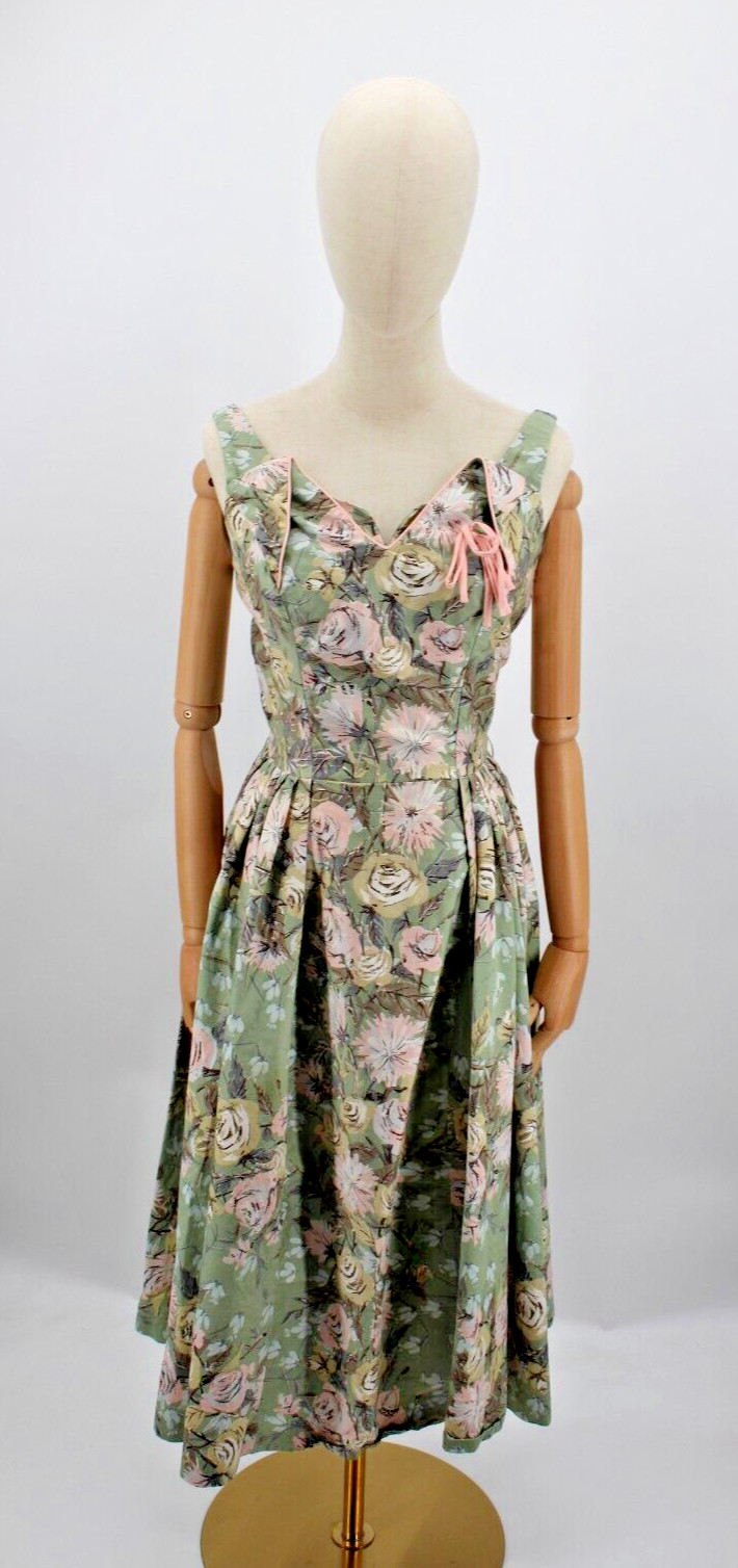 Vintage Paul Sachs Dress Womans Small Green Pink Floral Formal Fancy 1930s 40s