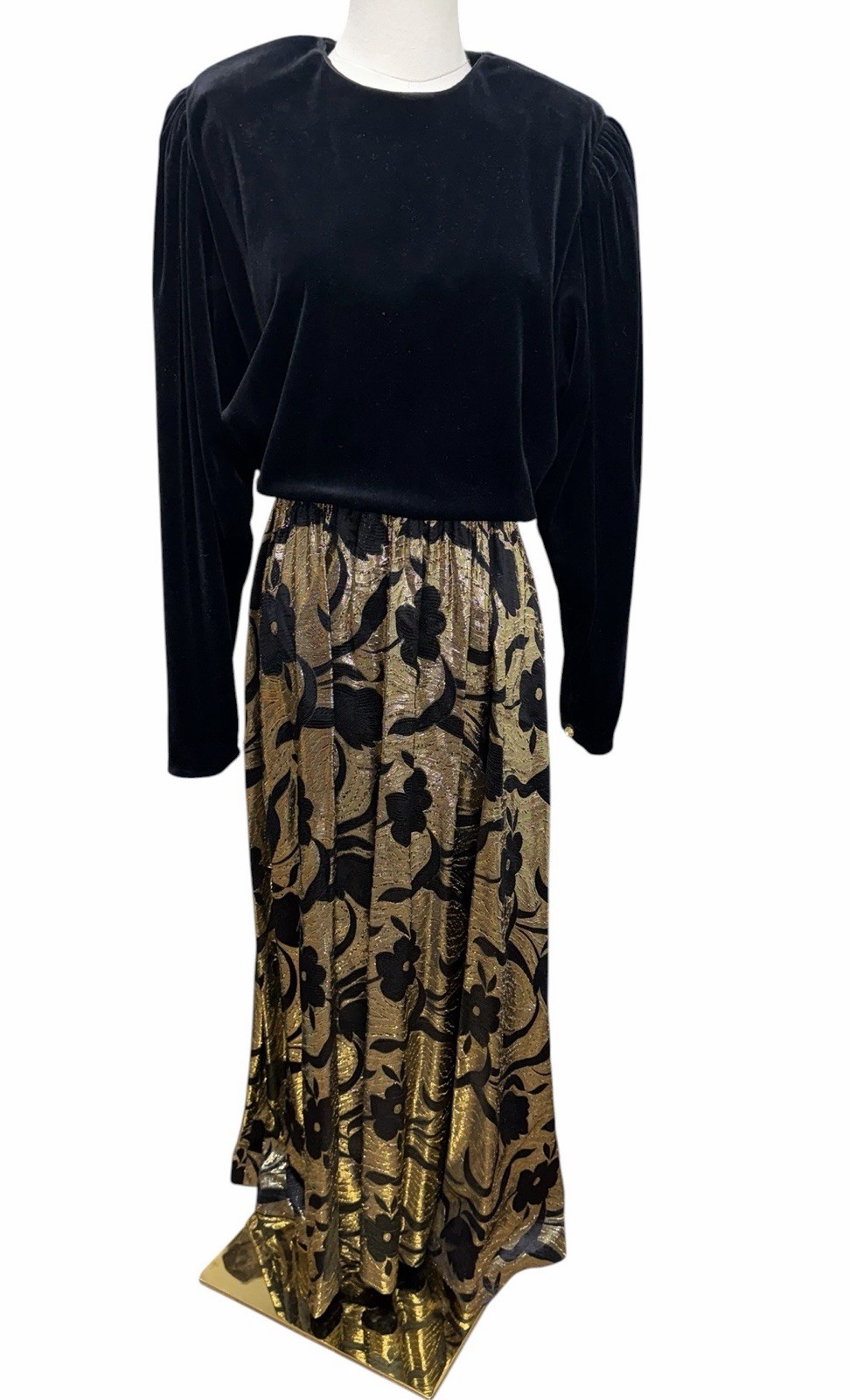 David Brown For Saks Fifth Avenue Vintage Dress Medium Black Gold Long Velvet