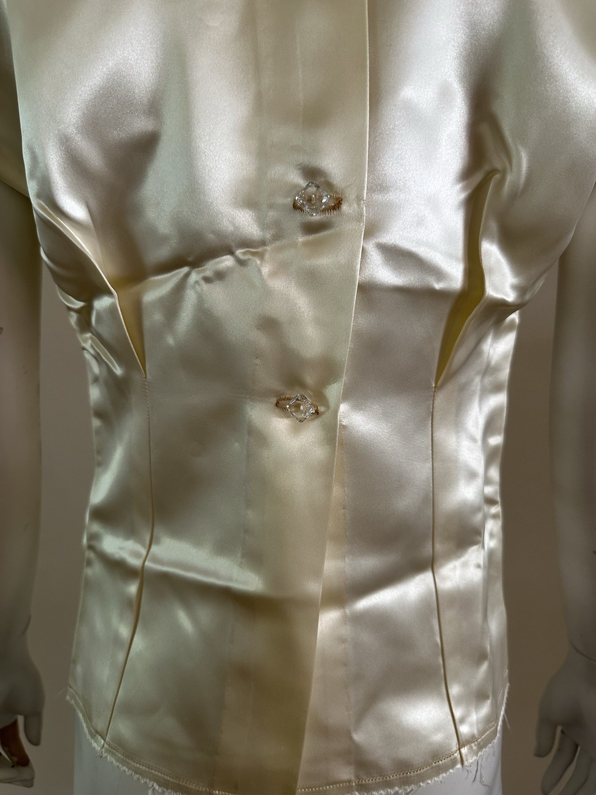 1940s Liquid Satin Lace Ruffle Collar Beaded Blouse Back Button Top VTG