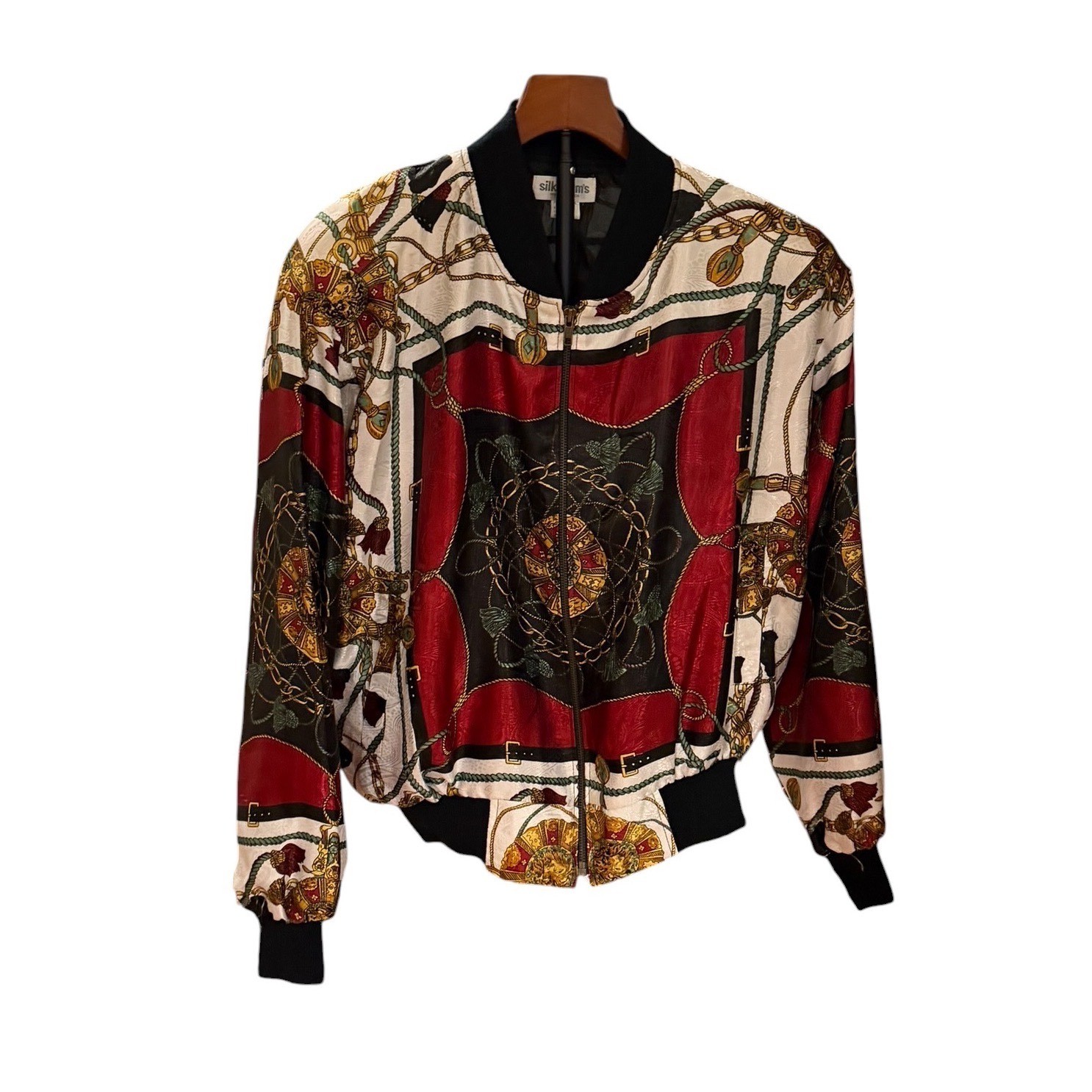 Vtg Silkworm’s Vintage Scarf Print Bomber Jacket Red Black Gold Chain Baroque XL