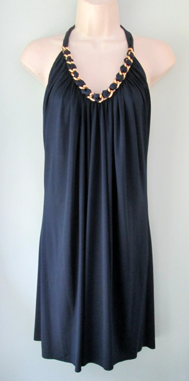 Lyndia Procanik Navy Blue Jersey Stretch Gold Chain Neckline Halter Dress Small