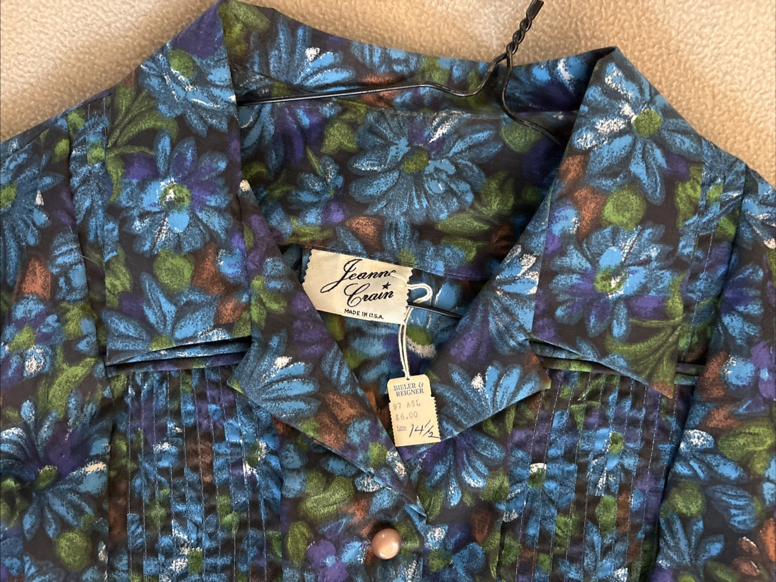 MCM Jeanne Crain of Hollywood Day Dress Blue Daisies Button/Tucks/Belt Sz 14-1/2