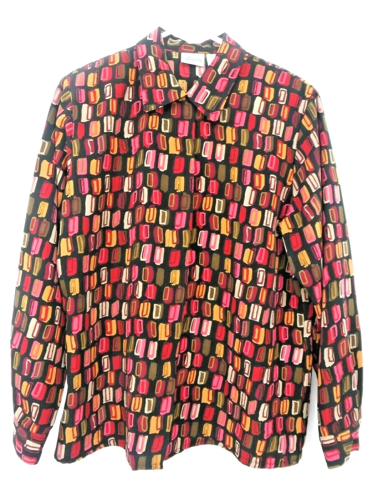 Vintage Anna Polyester Blouse Rounded Point Collar Colorful Squares on Black szL