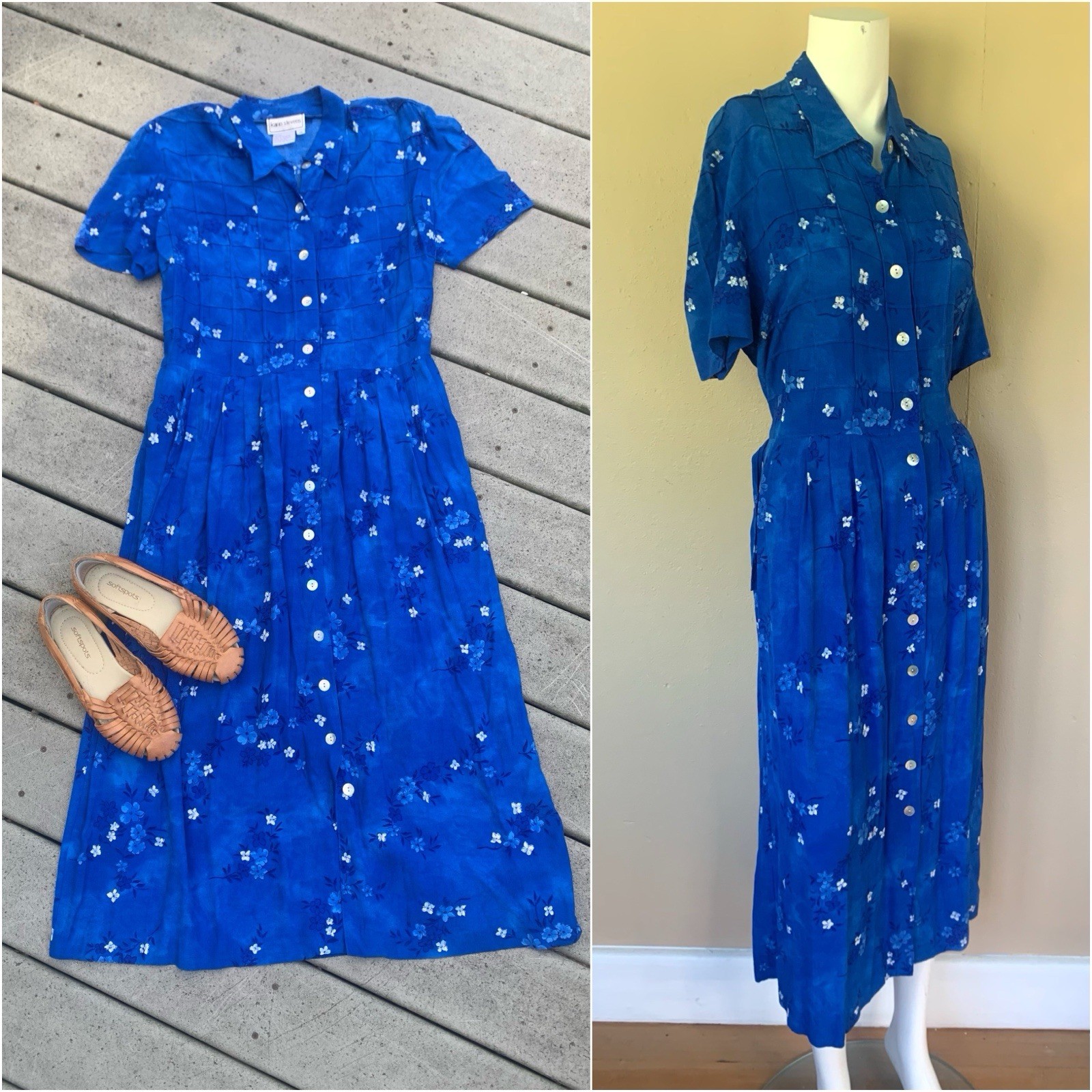 Vintage Blue Floral Button Up Babydoll Midi Dress | Short Sleeve A Line Dress