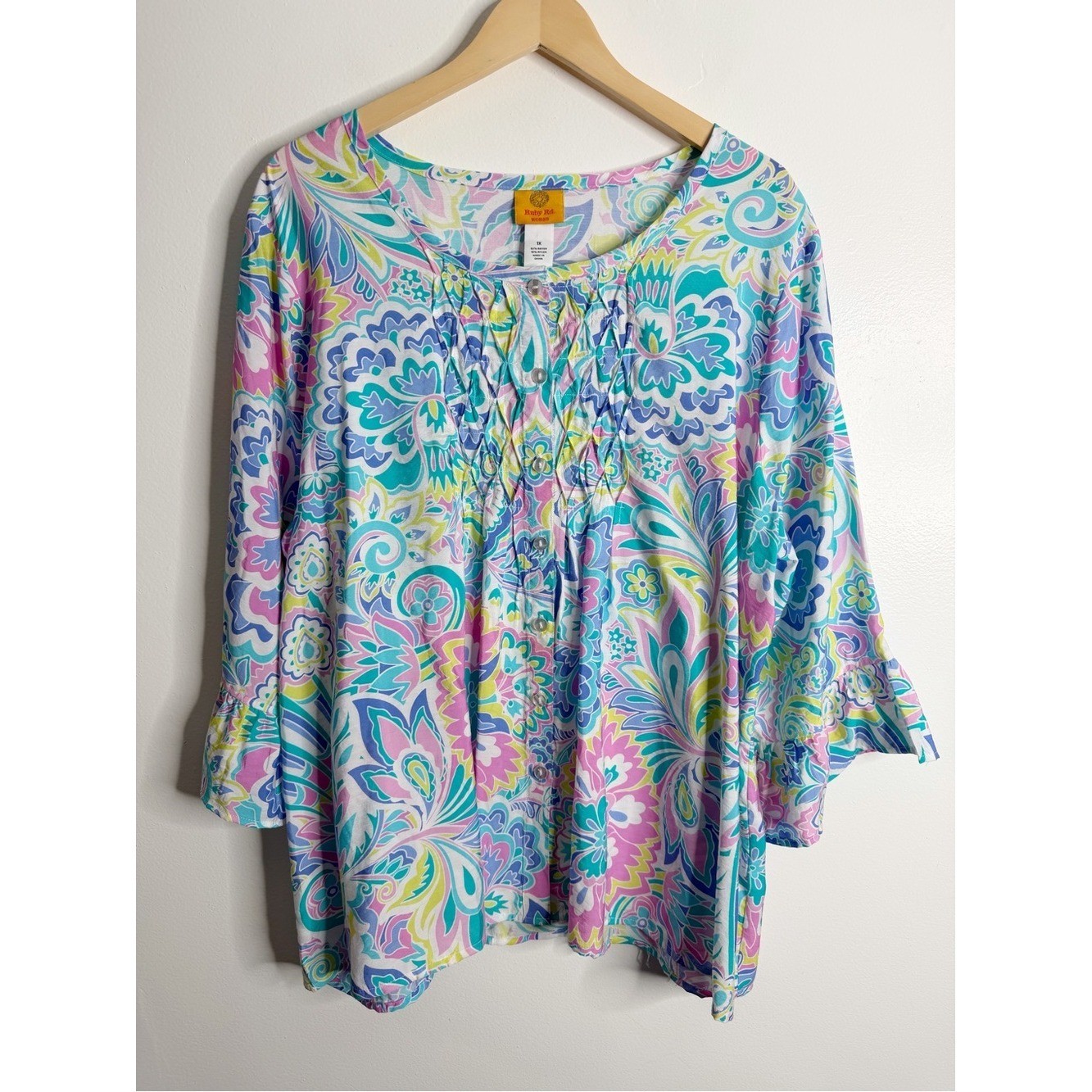 Ruby Rd Pink Blue Paisley Floral Bell Sleeve Boho Peasant Top 1X Flowy Whimsical