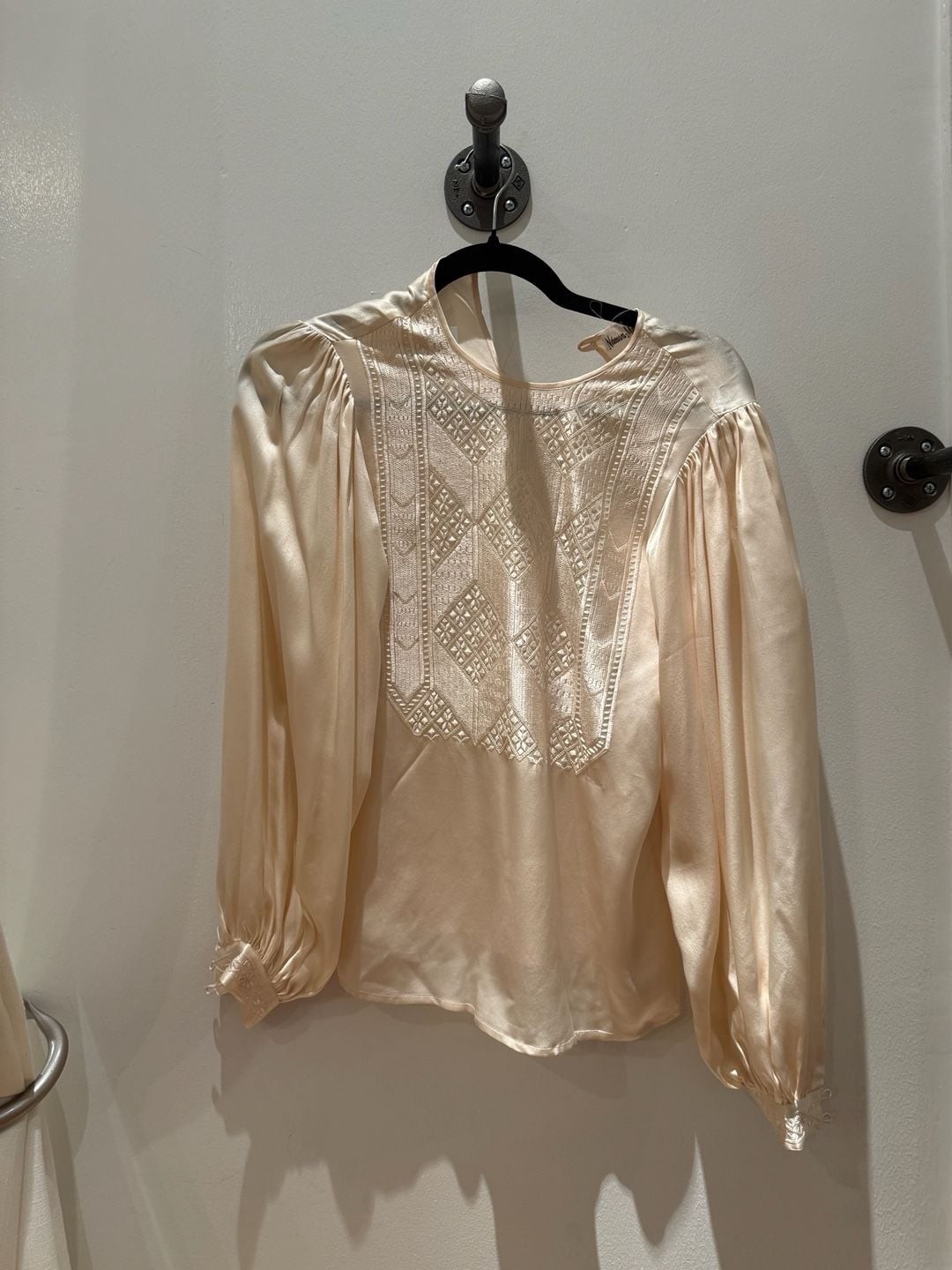 Vintage Levante for Newman Marcus Cream Satin Long Sleeve Blouse with Geometric
