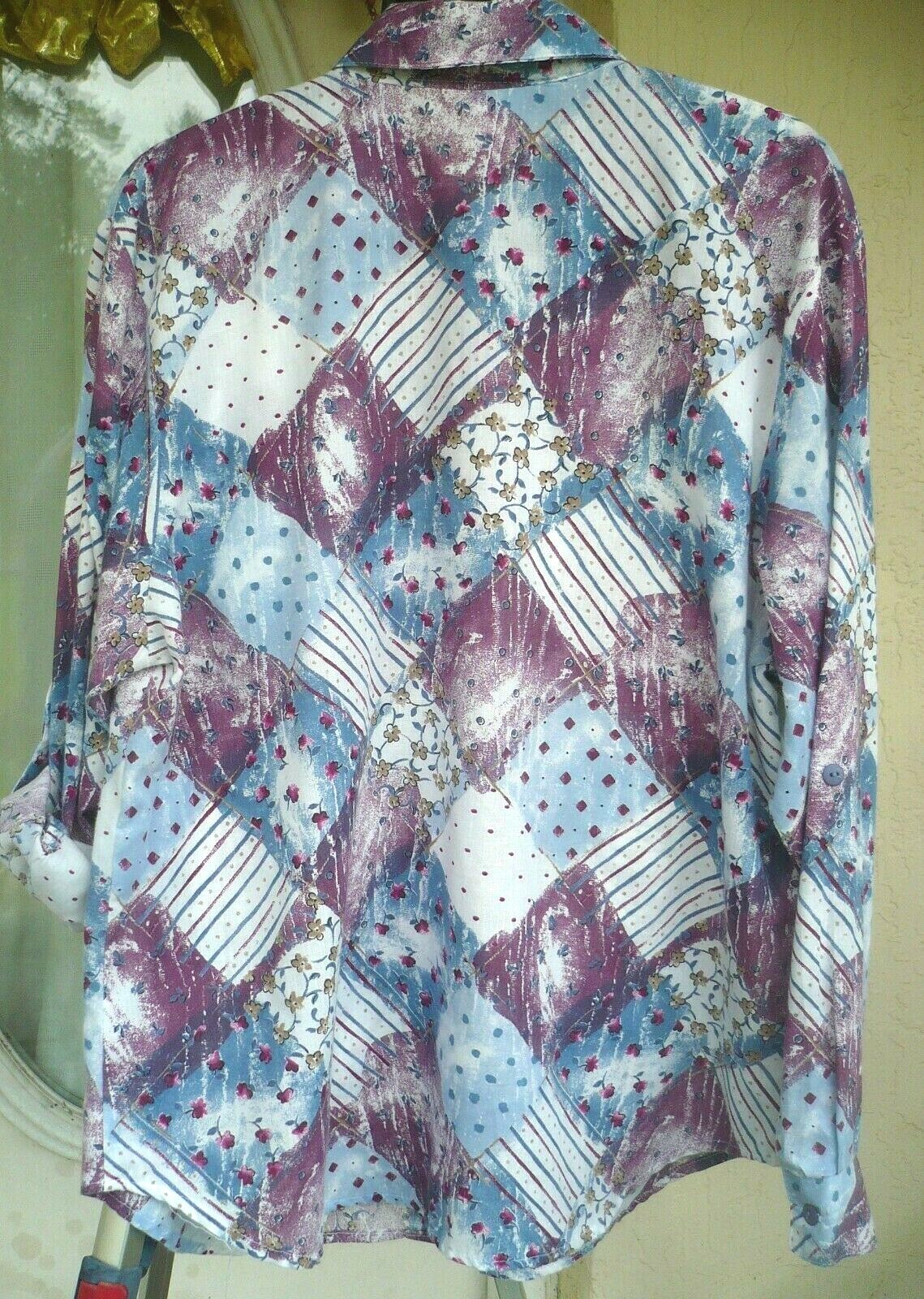 VTG CORAL BAY 80 90S BUTTON UP COTTON FLORAL PATCHWORK PRINT XL L TAB SHIRT LADY