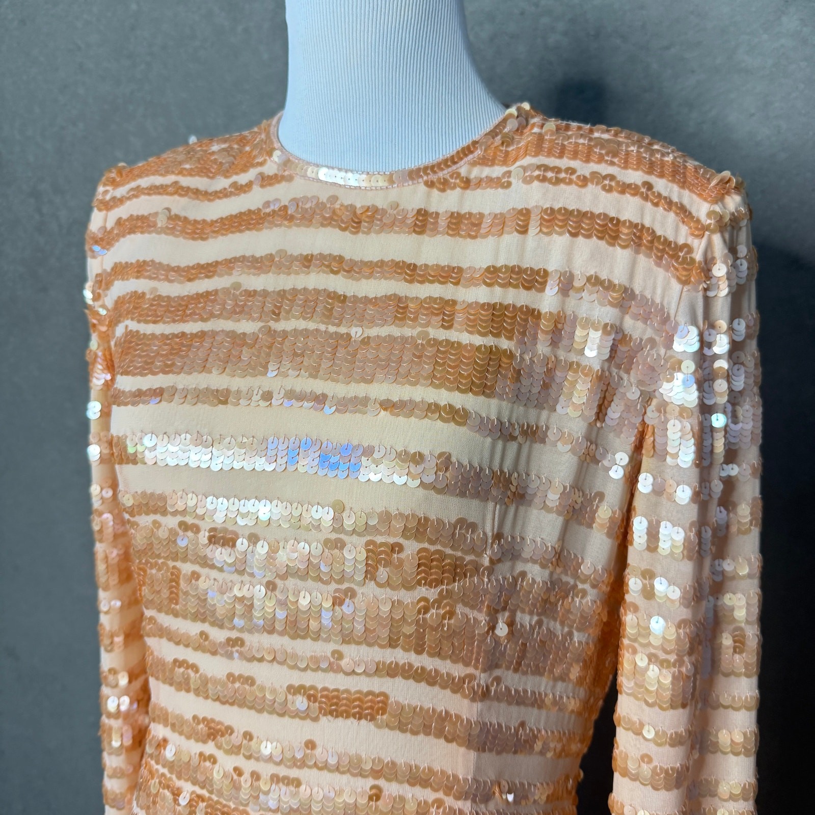 Saks Fifth Avenue Vintage Silk Sequin Mini Dress Sz 6 Gold Champagne 80s Glam