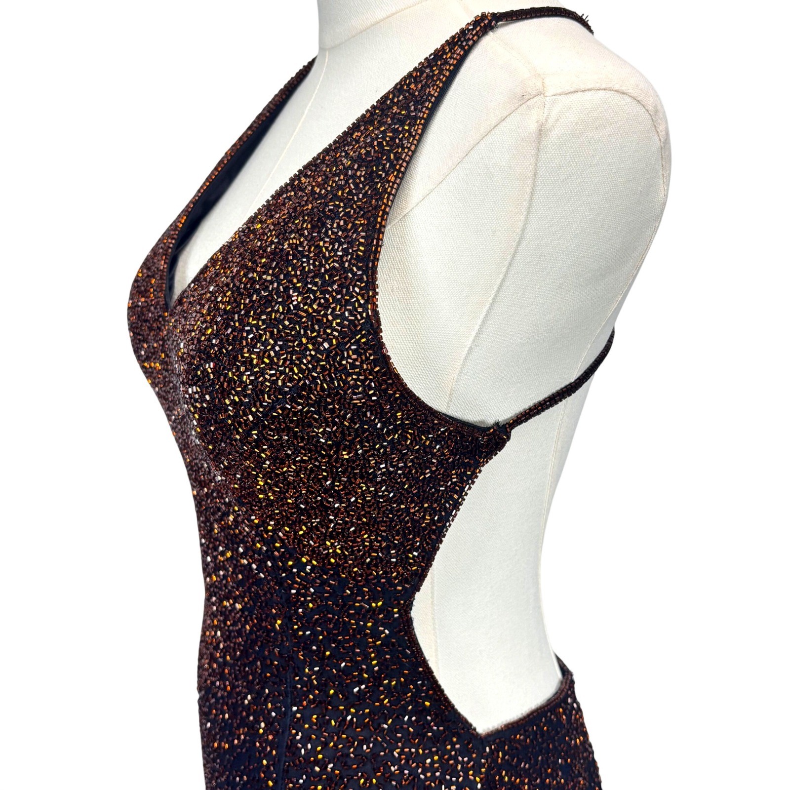 VTG Scala Dress Black Copper Gold Beaded Ombre Backless Formal Gown Silk 4