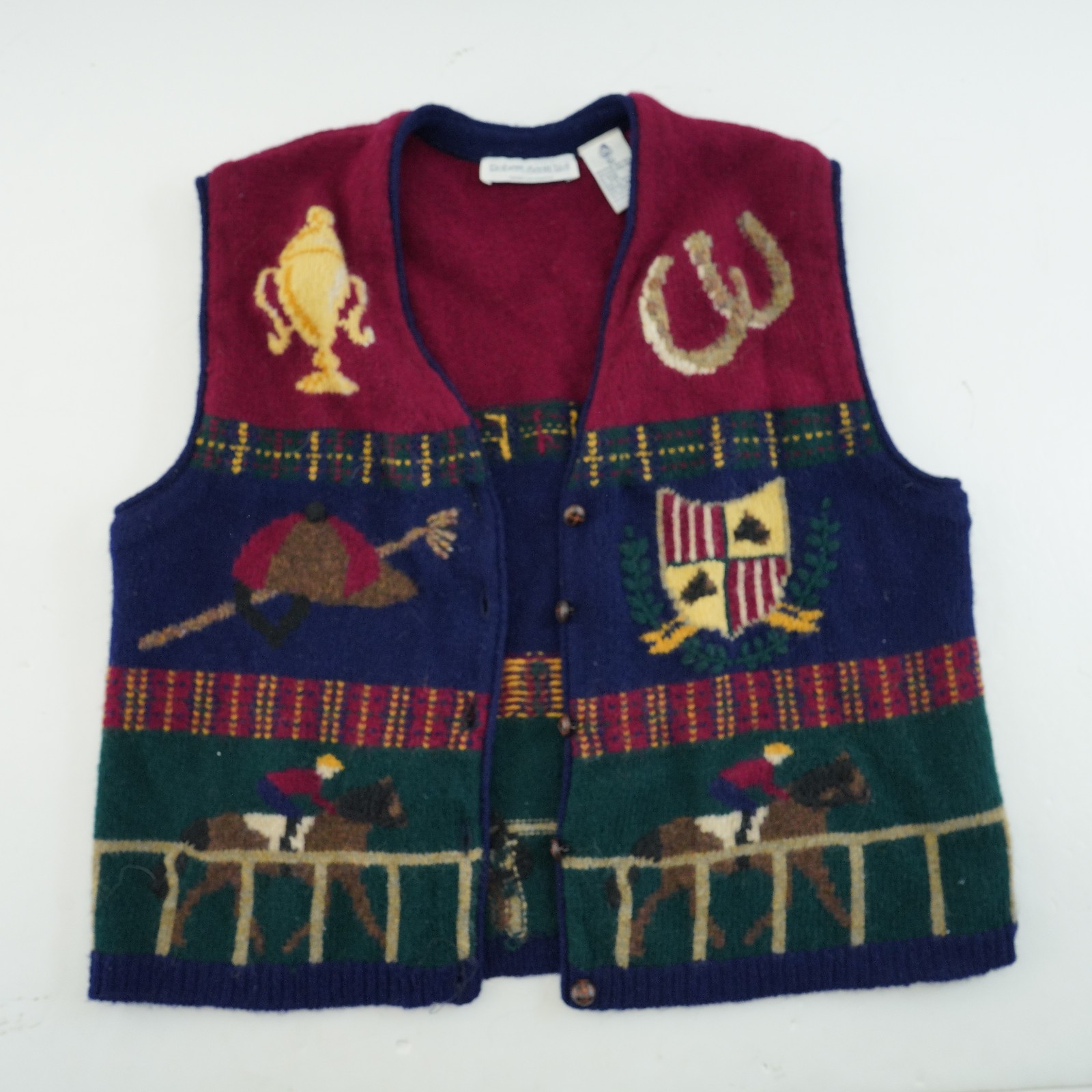 Robert Scott Ltd Vintage Sweater Vest women’s XL Hand Knit HORSE RACE equestrian