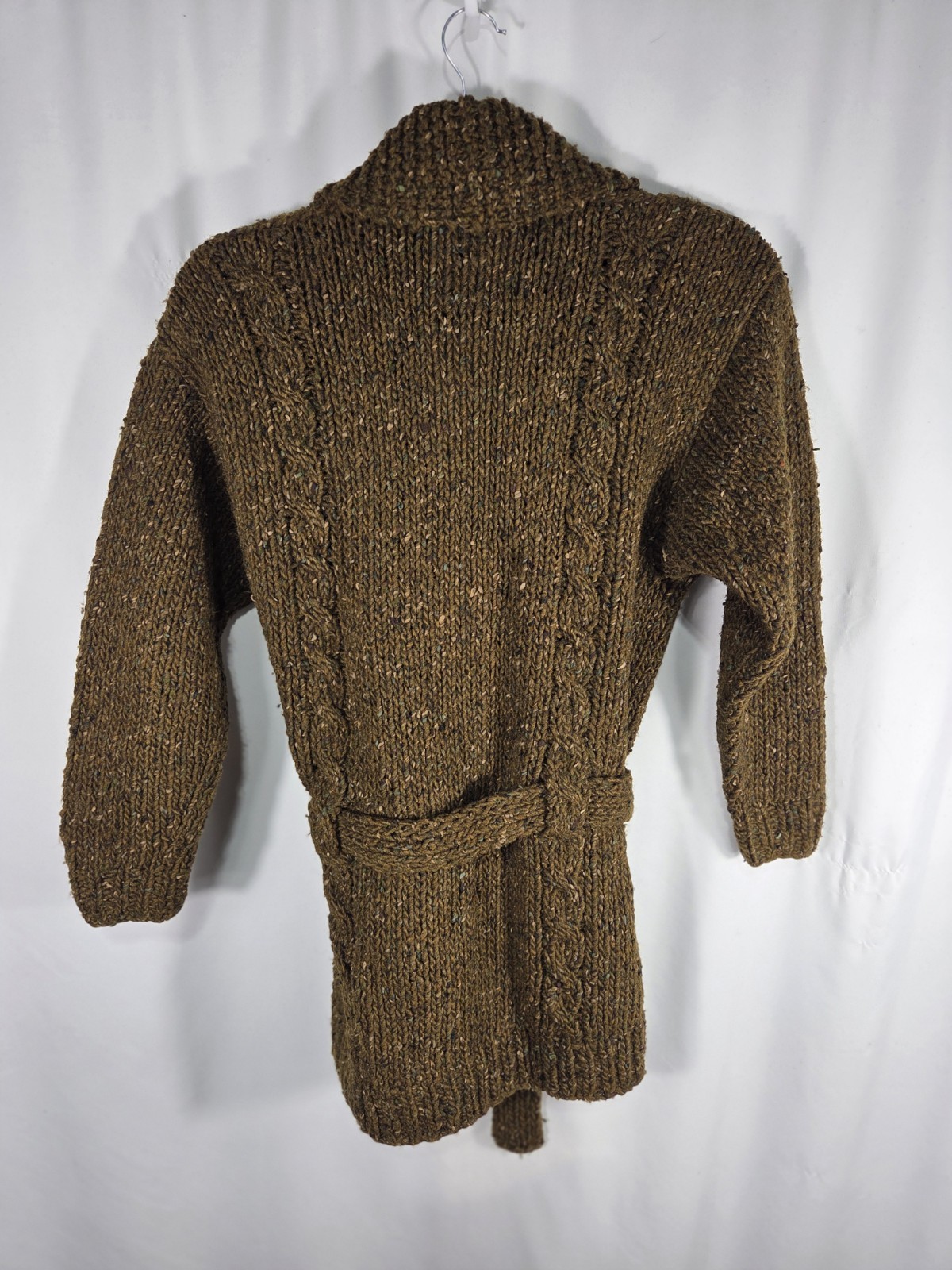 Vintage Women’s Perry Ellis Handknit Wool Belted Cardigan Olive Brown Size S