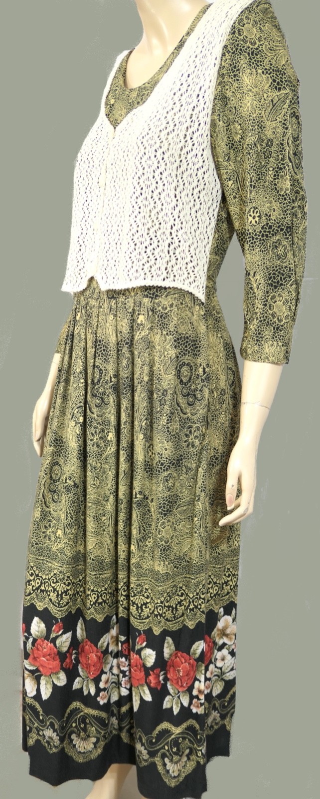 Vintage 80s 90s Olivia Rose Prairie Dress Crochet Vest Boho Filigree Sheath M