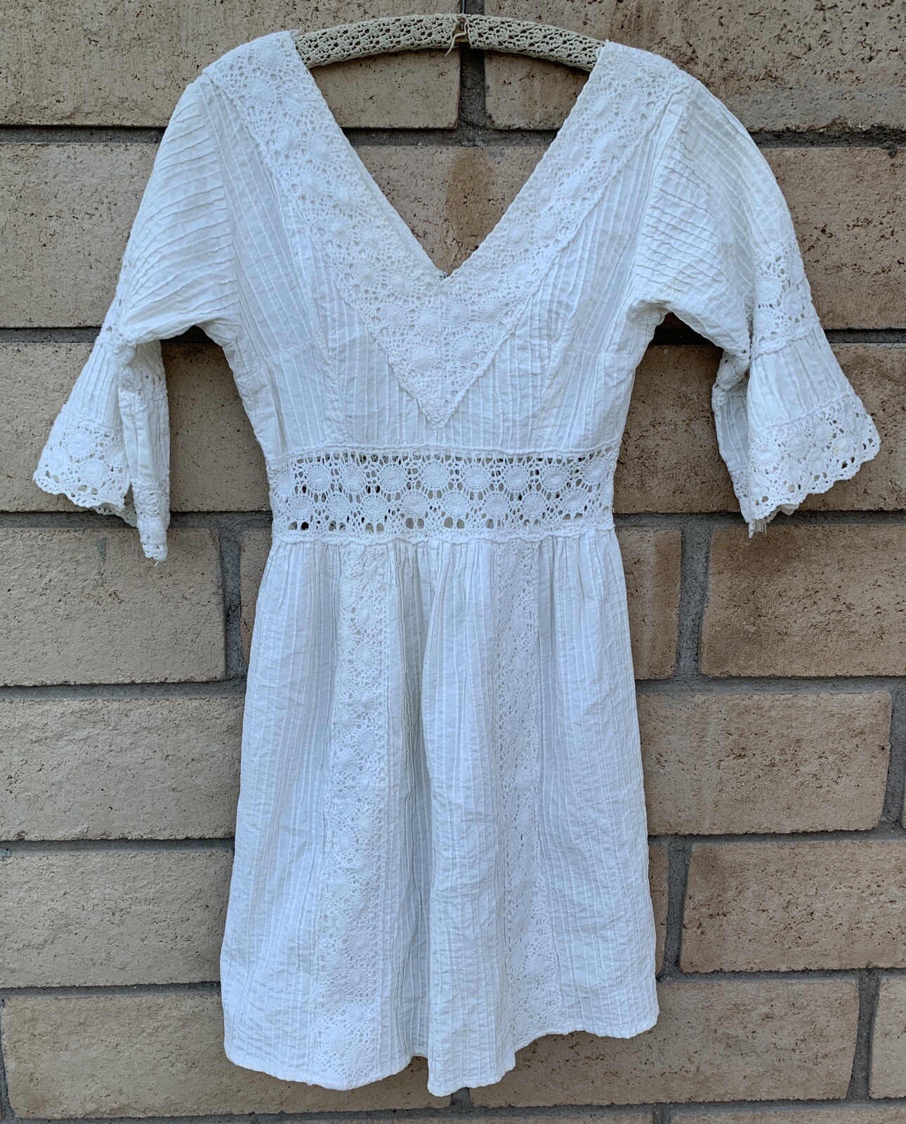 White Mexican Dress Metal Zipper Hippy Boho Peasant Hippie Chic vintage