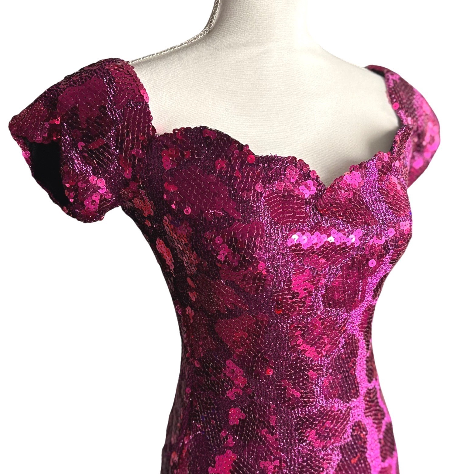 Vintage Sequin Maxi Dress Pink Fuchsia Juniors 5 6 Off Shoulder Formal Prom
