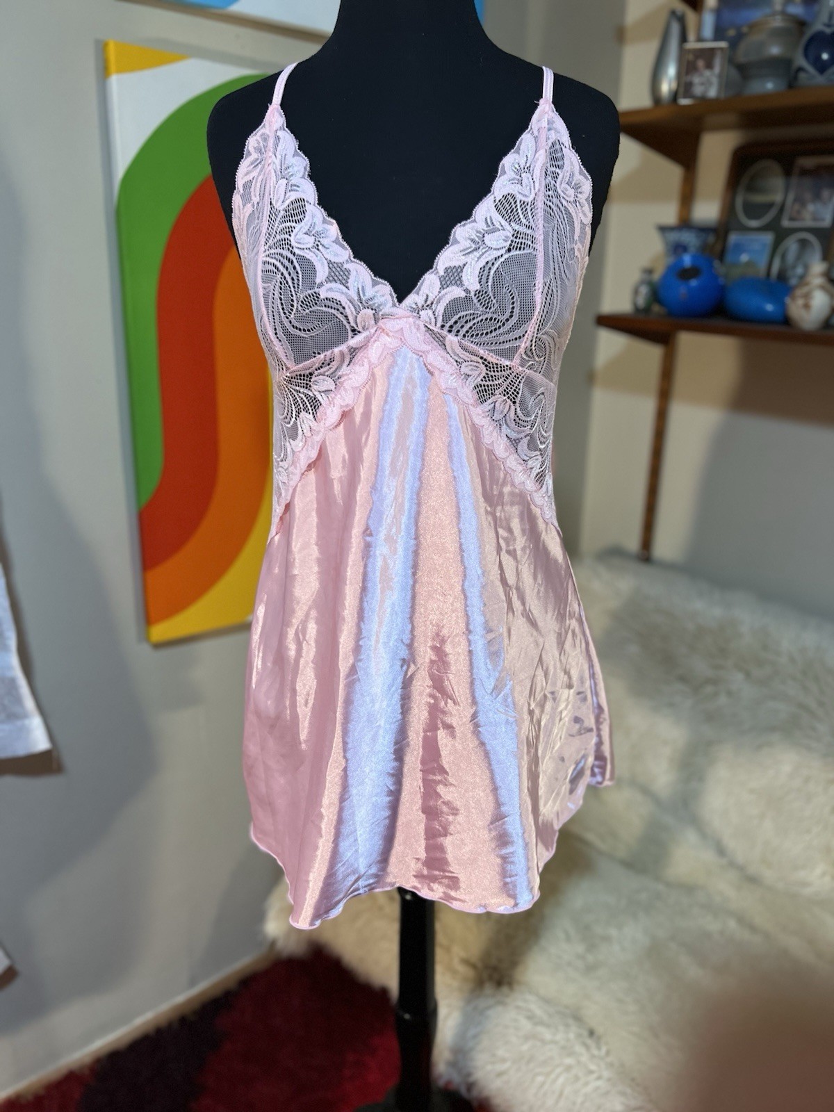 Vtg 90’s Farr West Style Pink Gloss Shiny Satin Slip Gown Lace