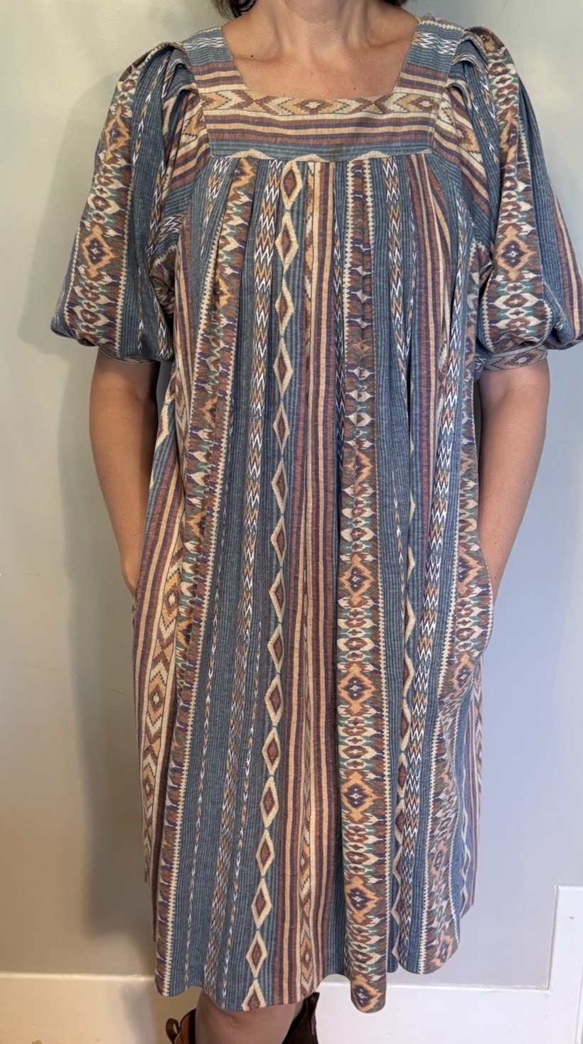 Vintage Ruth Norman Muumuu Dress Puff Sleeves Southwest Aztec Soft Fits S-M