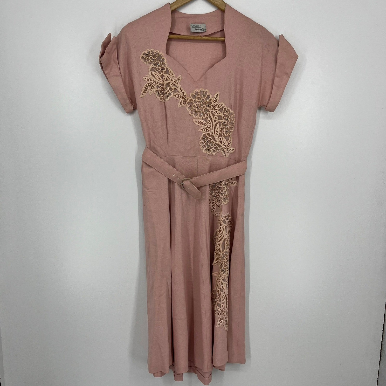 Vintage Chumley Charles F Berg Rose Pink Lace Applique Belted Dress 1950s Retro