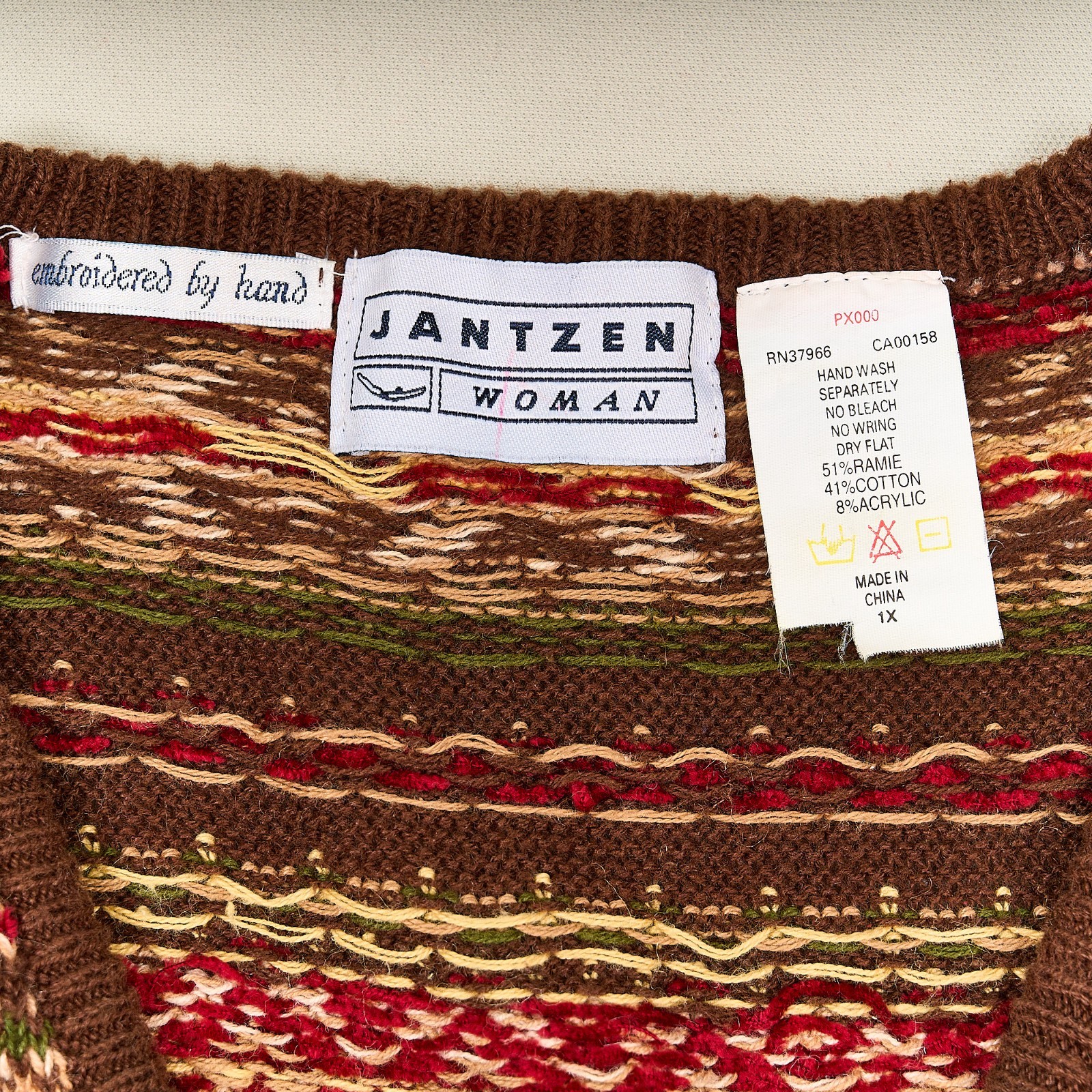 Vintage Jantzen Hand Embroidered Sweater Vest Cotton Ramie Stripes Floral Sz 1X