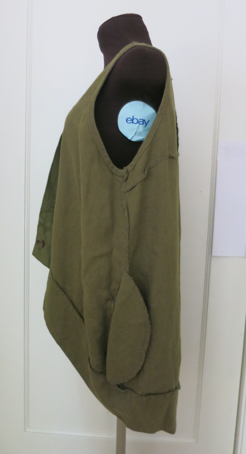 Yea Army Green Linen Oversize Asymmetric V Front Curve Back Hem Long Vest S M