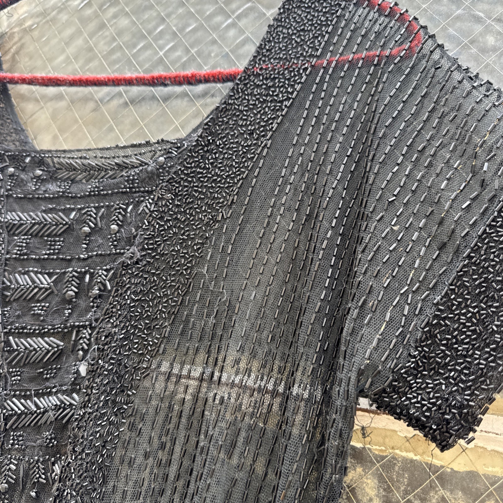 Antique 1920s Black Net Heavily Beaded Dress Train Short in Front Floral Vintage