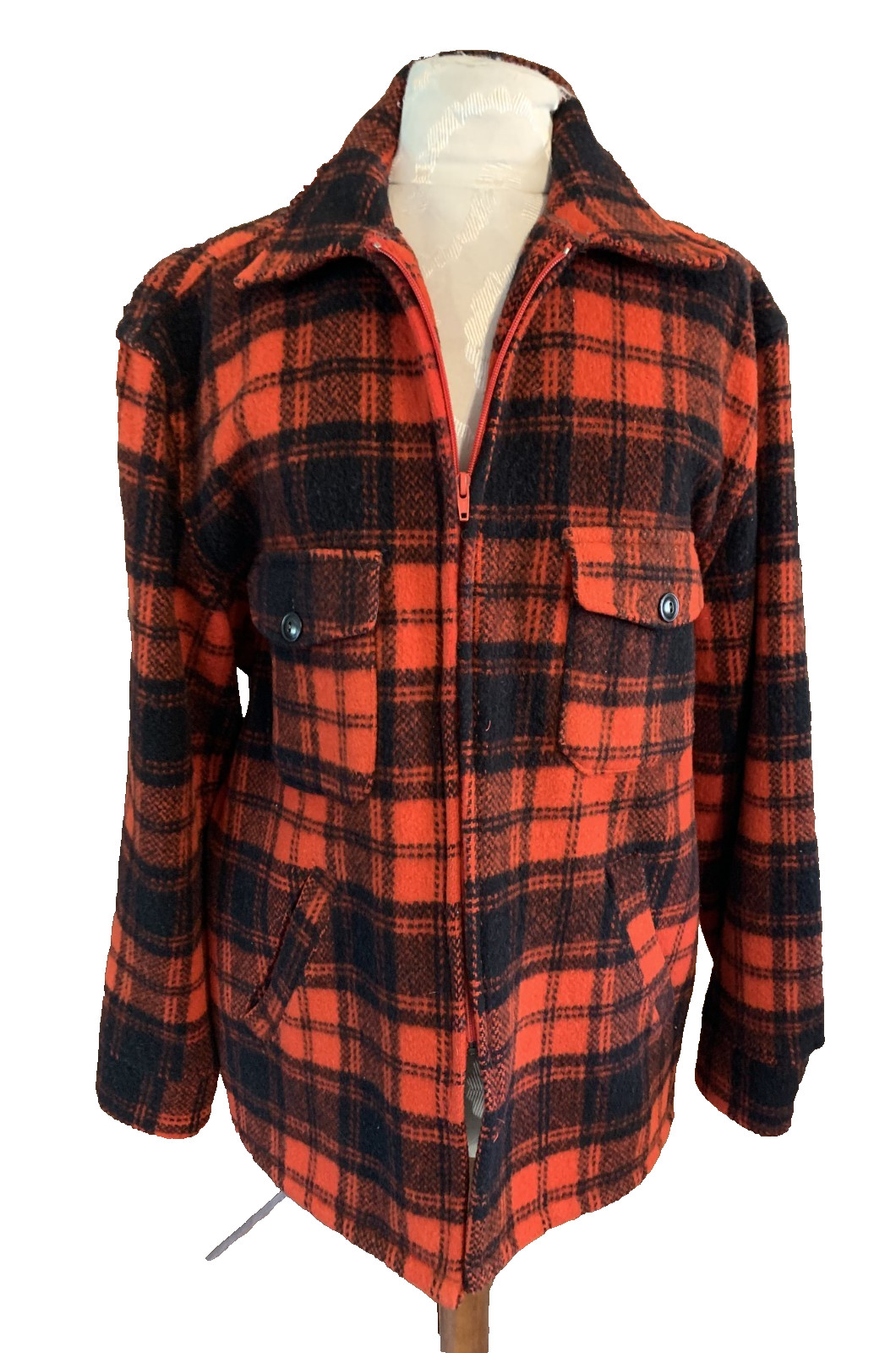 VTG MELTON Red Black Plaid Zippered Jacket Coat Pockets YKK Zipper Size Large
