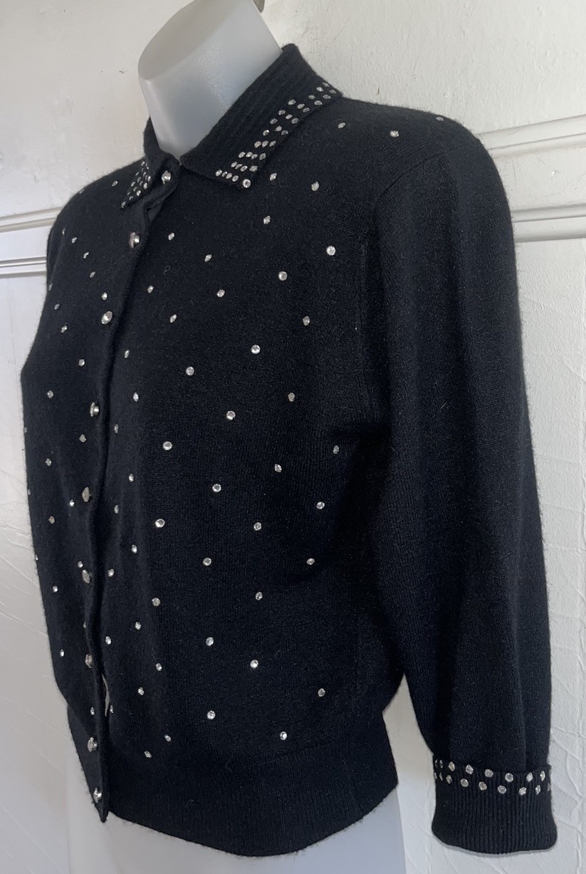 Vintage 1950s Schiaparelli Paris Knit Crystal Rhinestone Cardigan Sweater Sz S/M