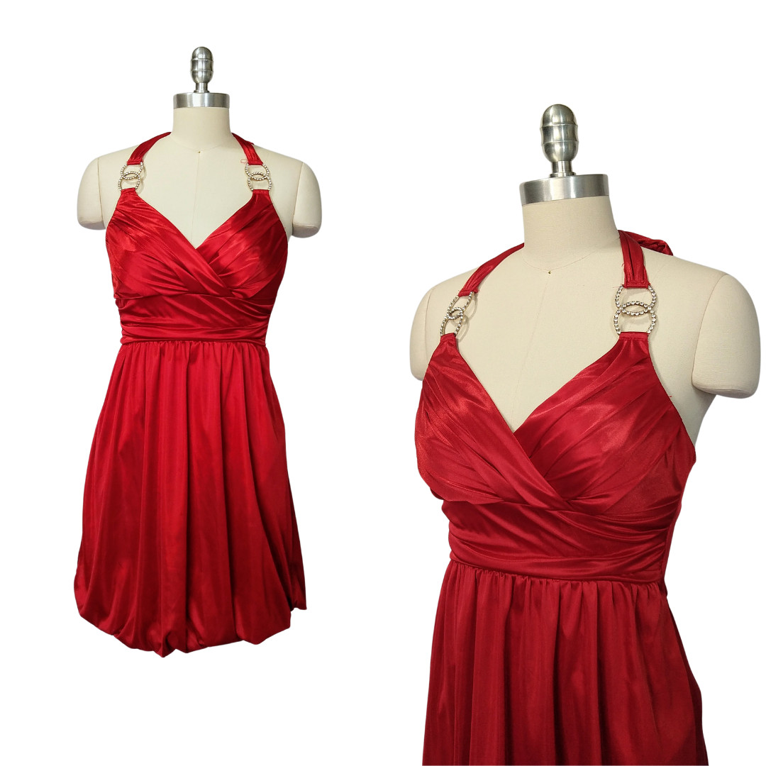 Vintage Y2K Red Satin Mini Dress Size M Trixxi Halter Bubble Hem Hoco Formal