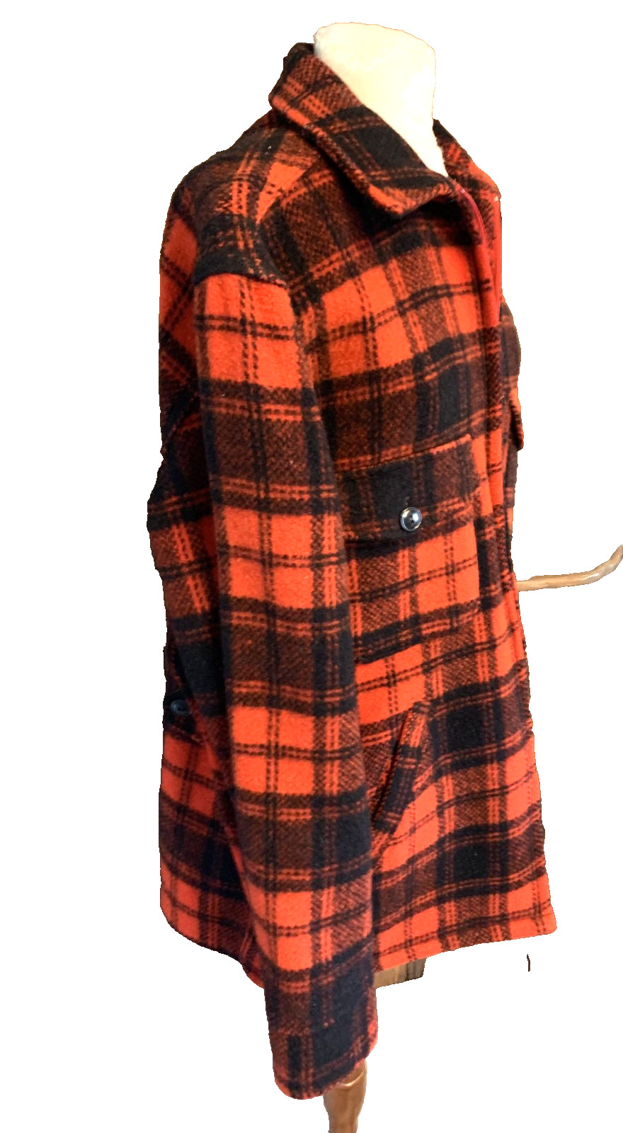 VTG MELTON Red Black Plaid Zippered Jacket Coat Pockets YKK Zipper Size Large