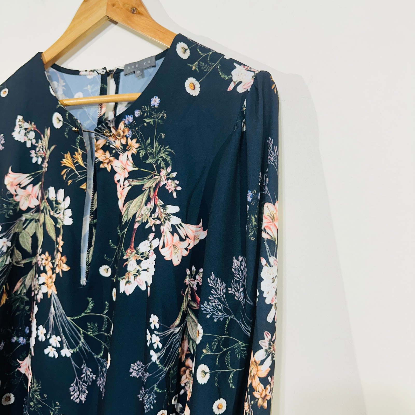 Sheike Floral Long Sleeve Blouse Top 12 Gold Pin Navy Blue Pink Elegant
