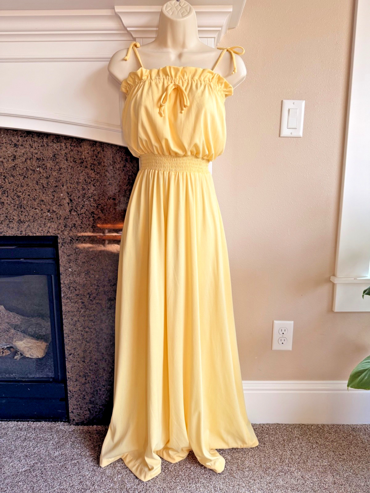 Vintage 70s Pale Yellow Floral Off Shoulder Draped Ruffle Summer Maxi Dress SM