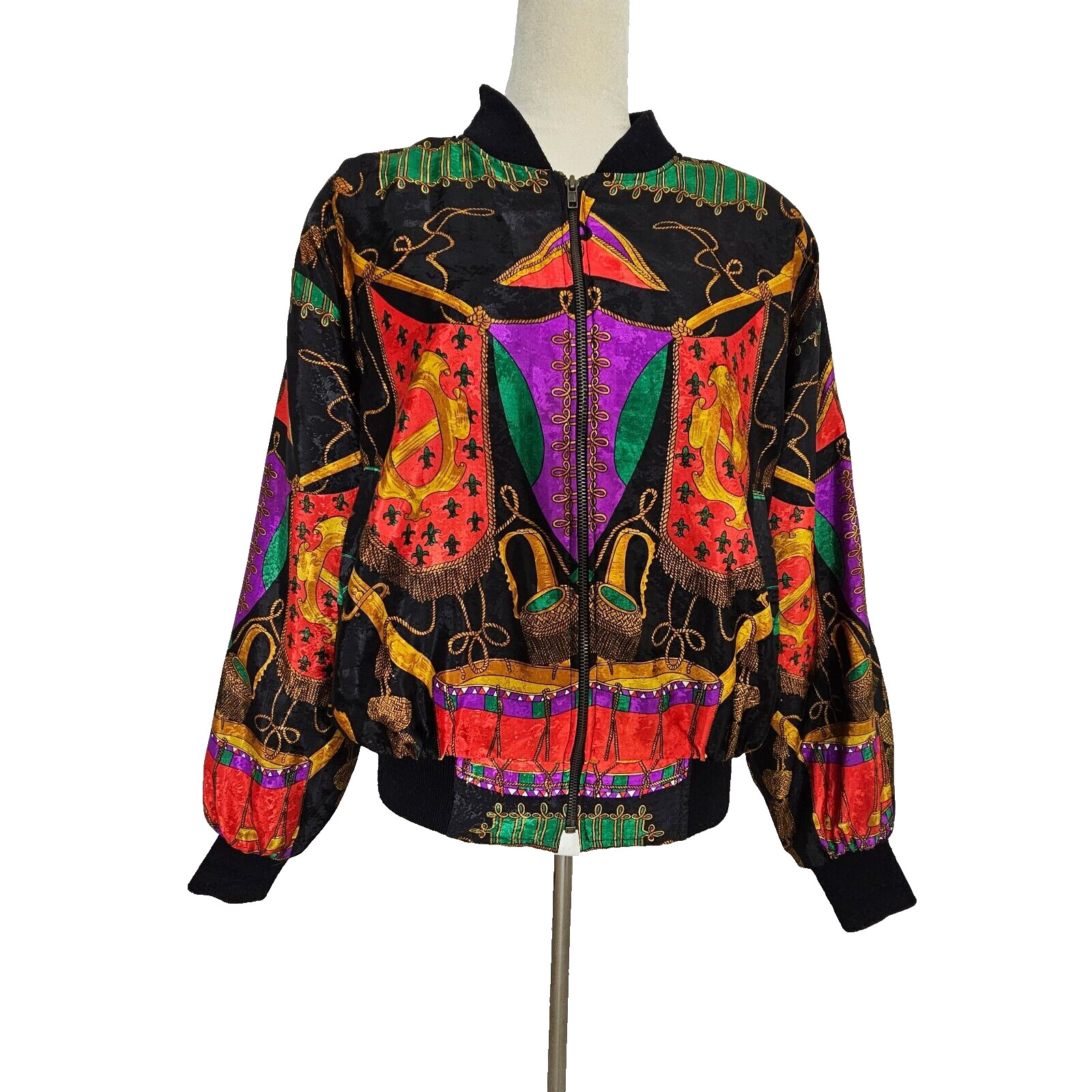 VTG Metro High Fashion Jacket Women L Colorful Full Zip Shoulder Pads Satiny Y2K