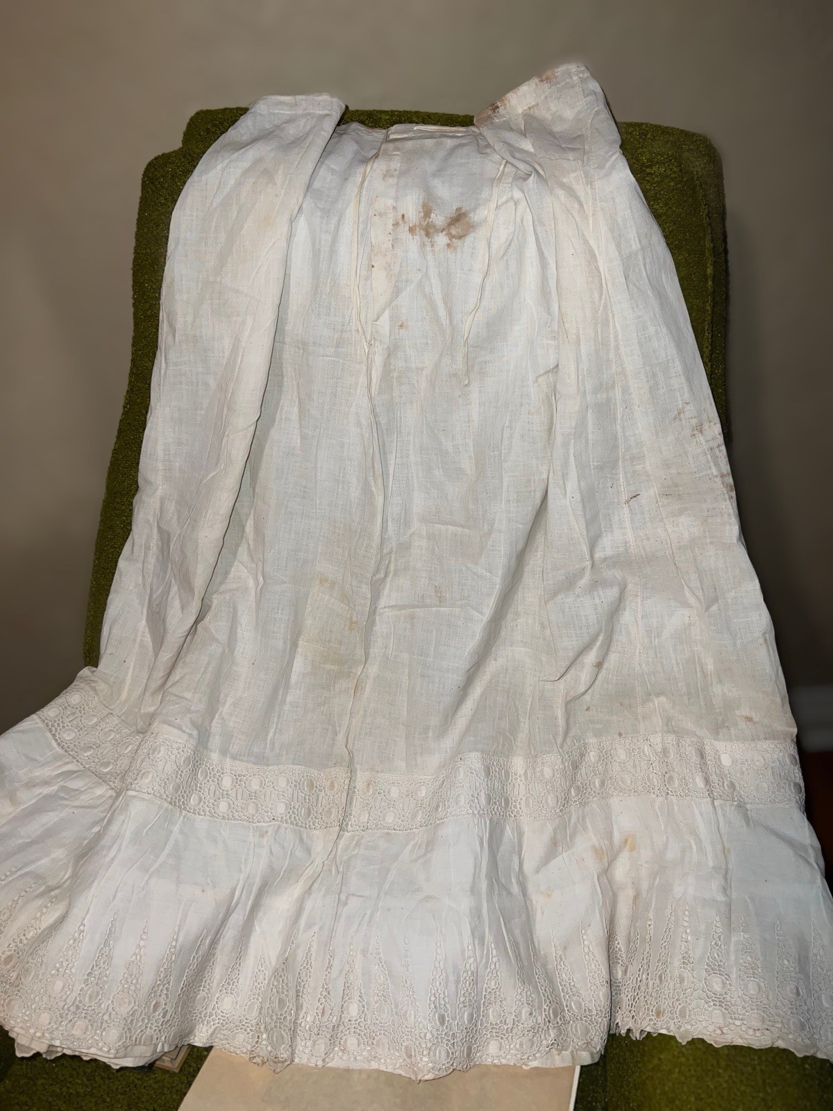 Antique Victorian Edwardian White Hand Sewn Embroidered Skirt Petticoat Stained