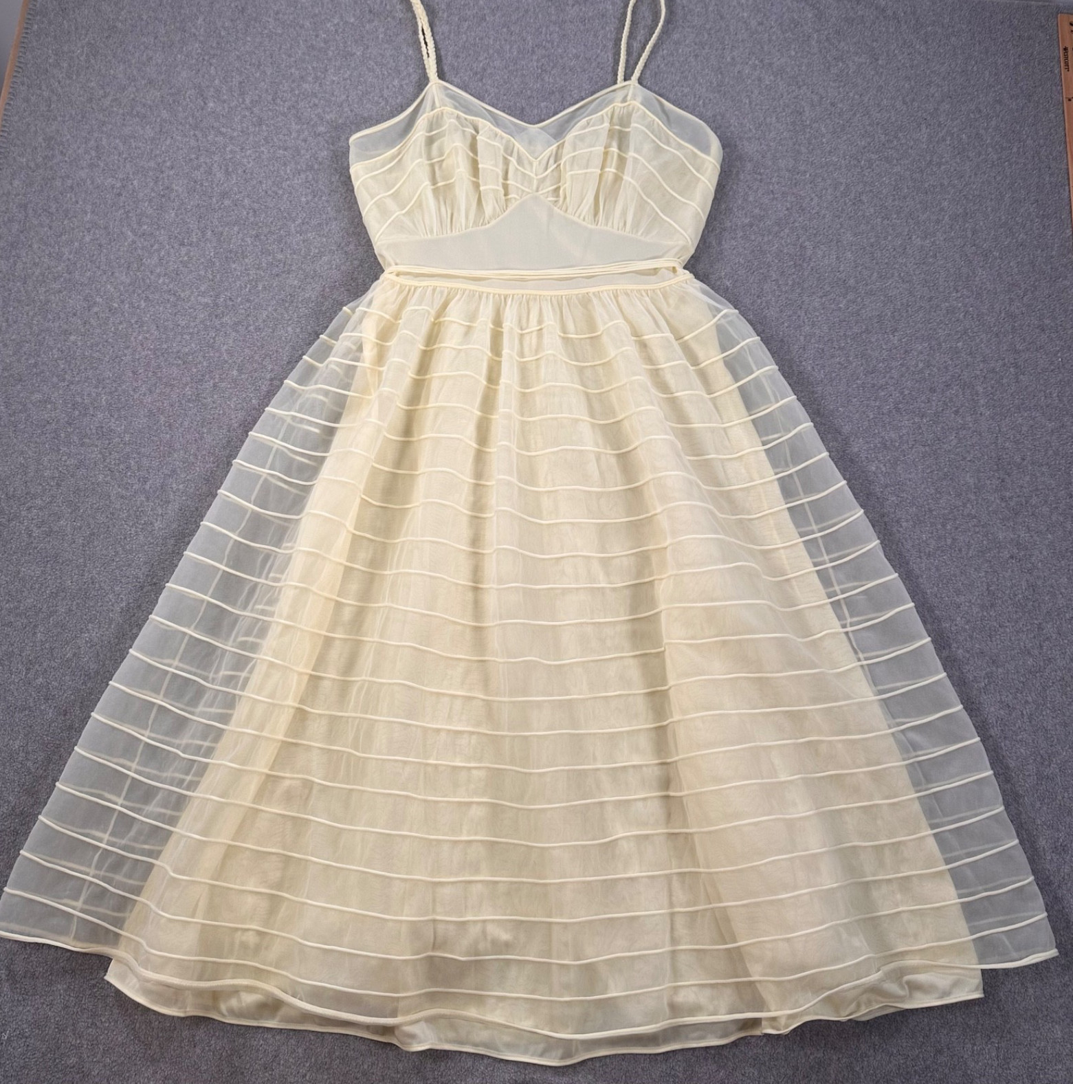 Marshall Field and Company Vintage Yellow Dress Size 36 Belted Flare Skirt Sheer