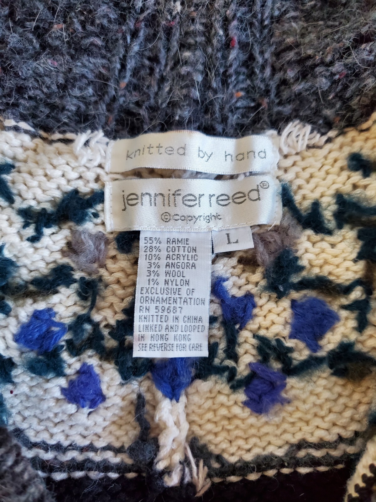 Vtg 90s RAISED FLORAL EURO LOOK SWEATER Grey SZ L Jennifer Reed COTTAGECORE Crop