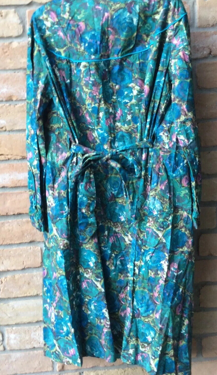 VTG 60s MOD Blue Watercolor PrinDuster Housecoat Lounger MCM 50″ B 44.5″L