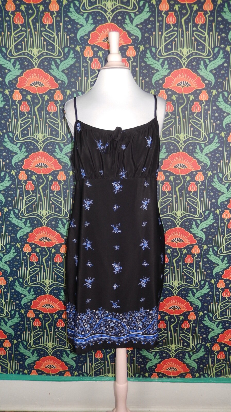 Vintage 90’s Y2K Black Blue Peasant Floral Coquette Grunge Slip Dress L/XL