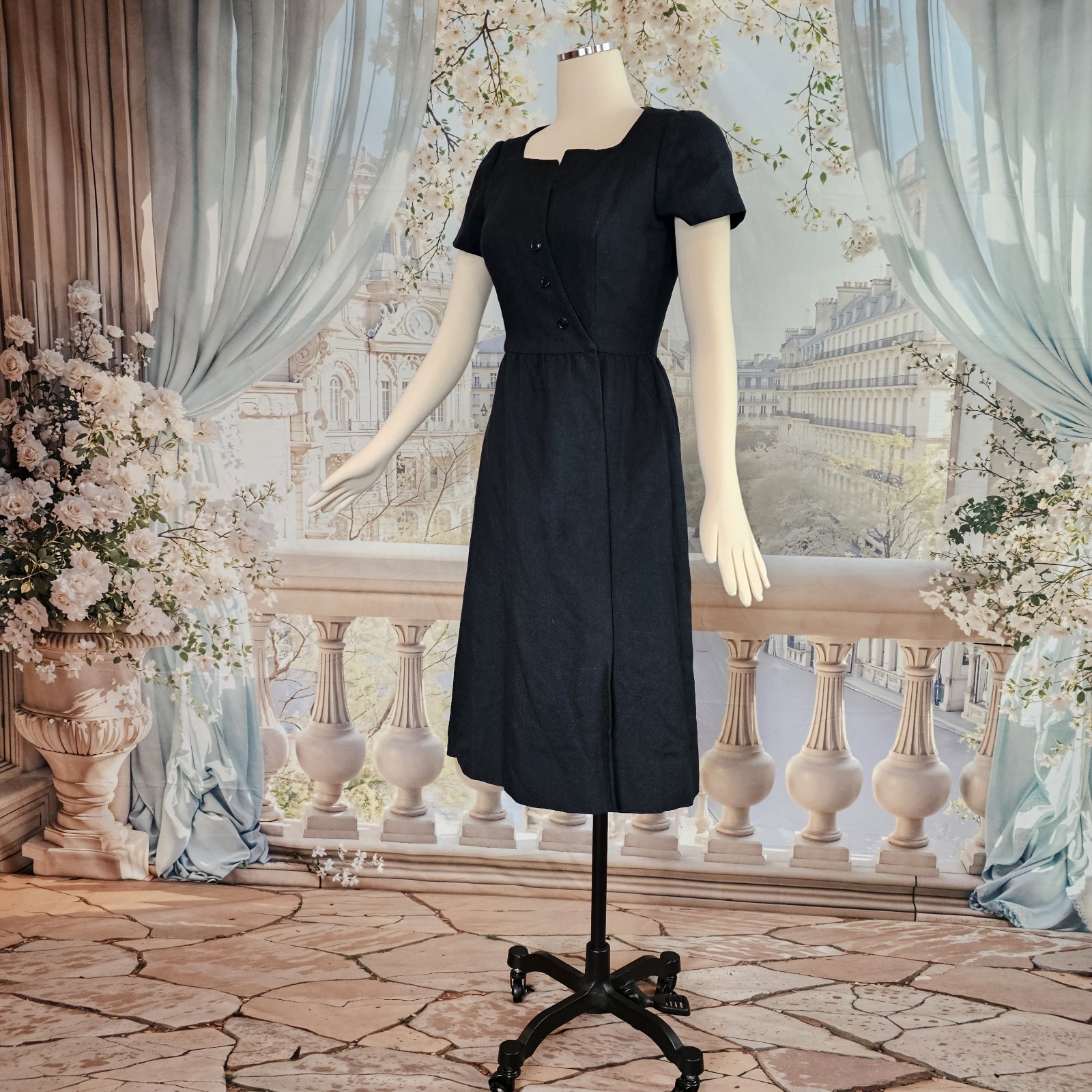 Vintage 1970s Wrap Dress Black Cocktail Molly Parnis Boutique Mididress Retro