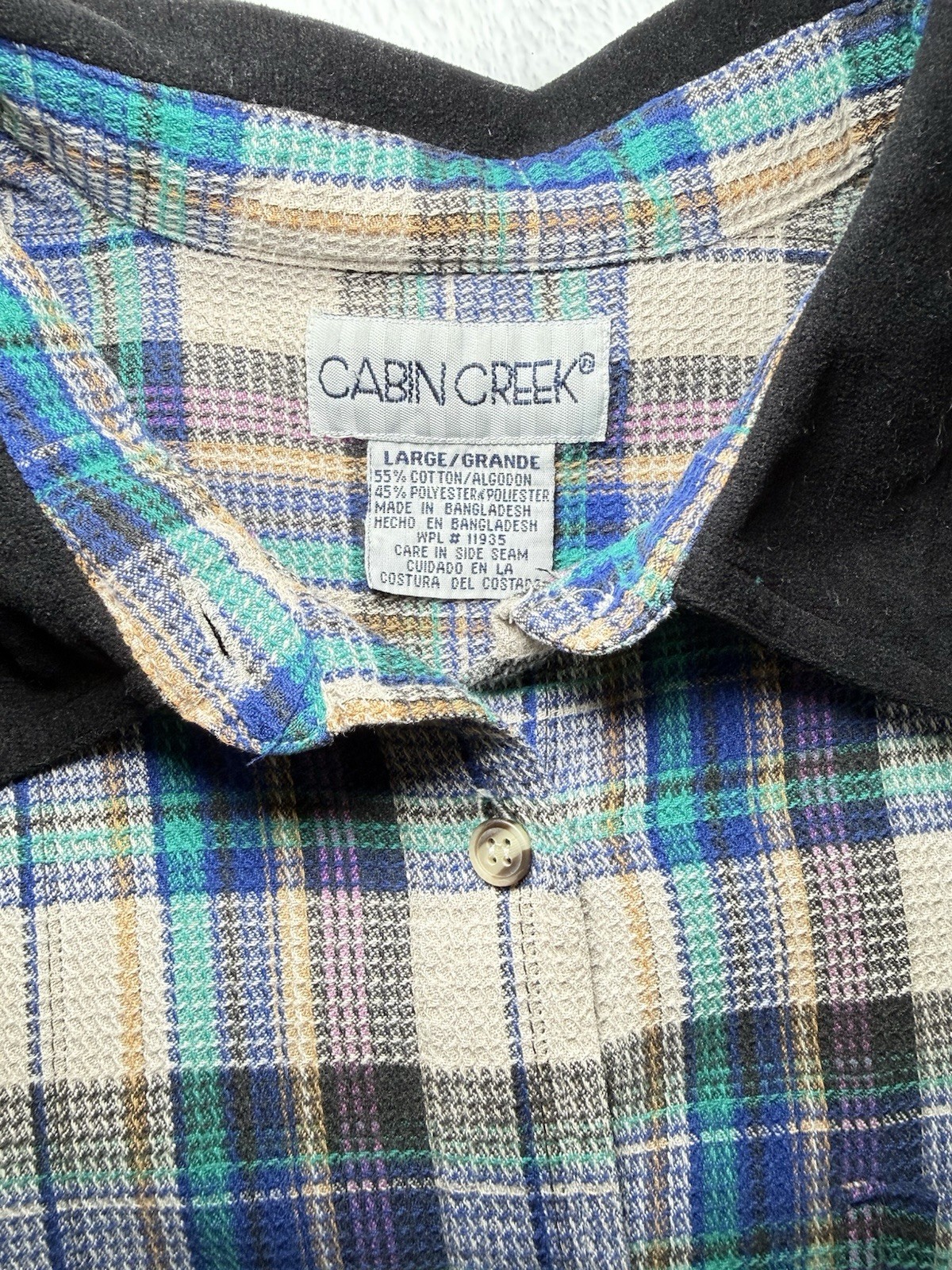 Vintage 90s Cabin Creek Plaid Button Up Shirt Black Contrast Collar Women Size L