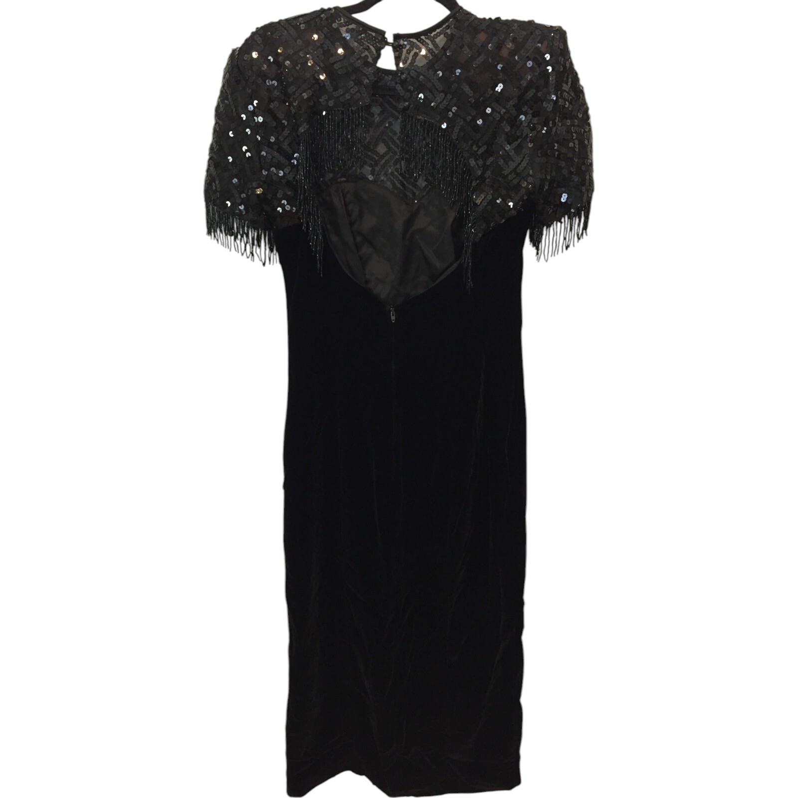 Niki Originals Black Slit Velvet Sequins Beaded Fringe Dress Womens 8 Crew Neck
