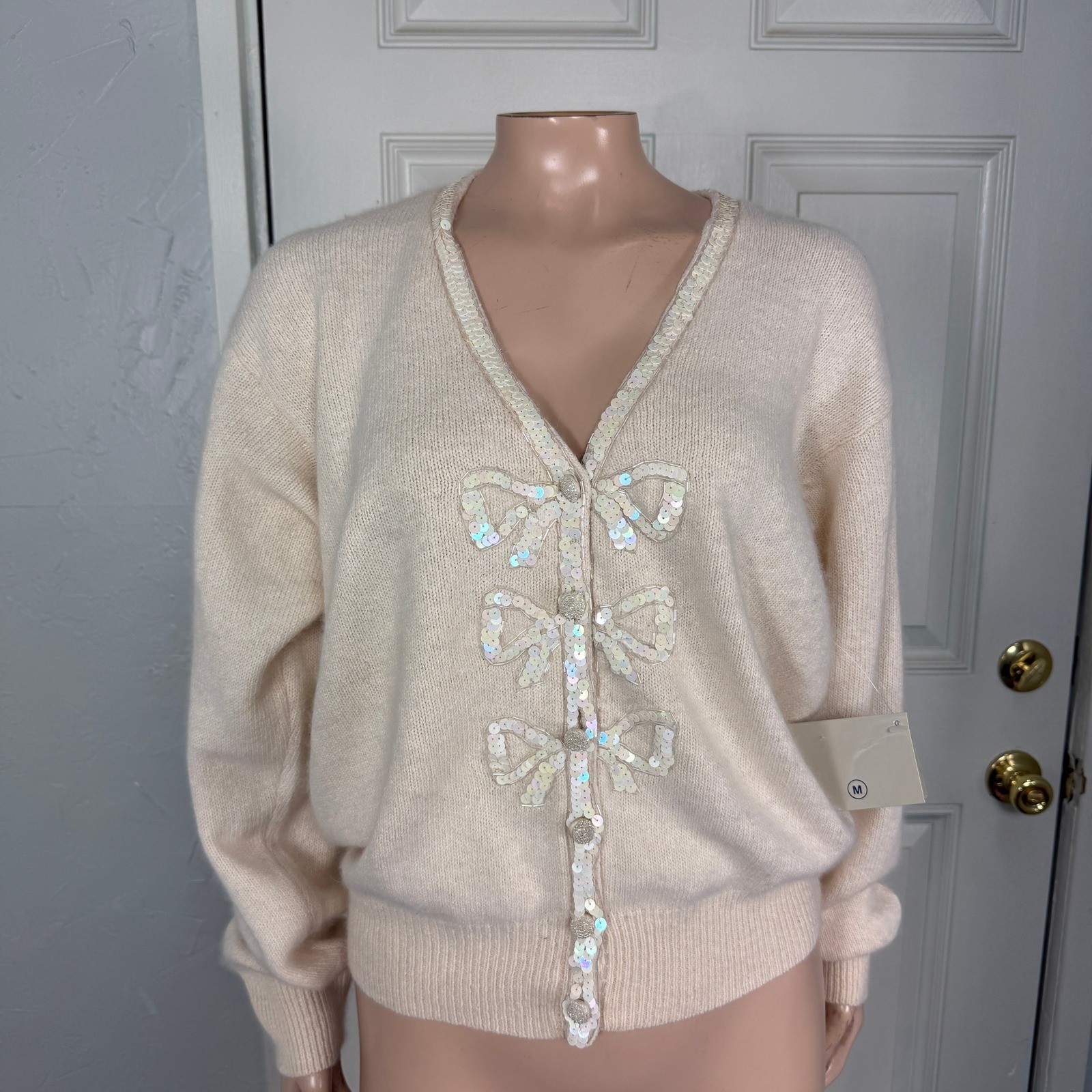 Vintage NOS 80s 90s Karen Scott Women’s Sweater M Silk Angora Wool Sequin Bow H4