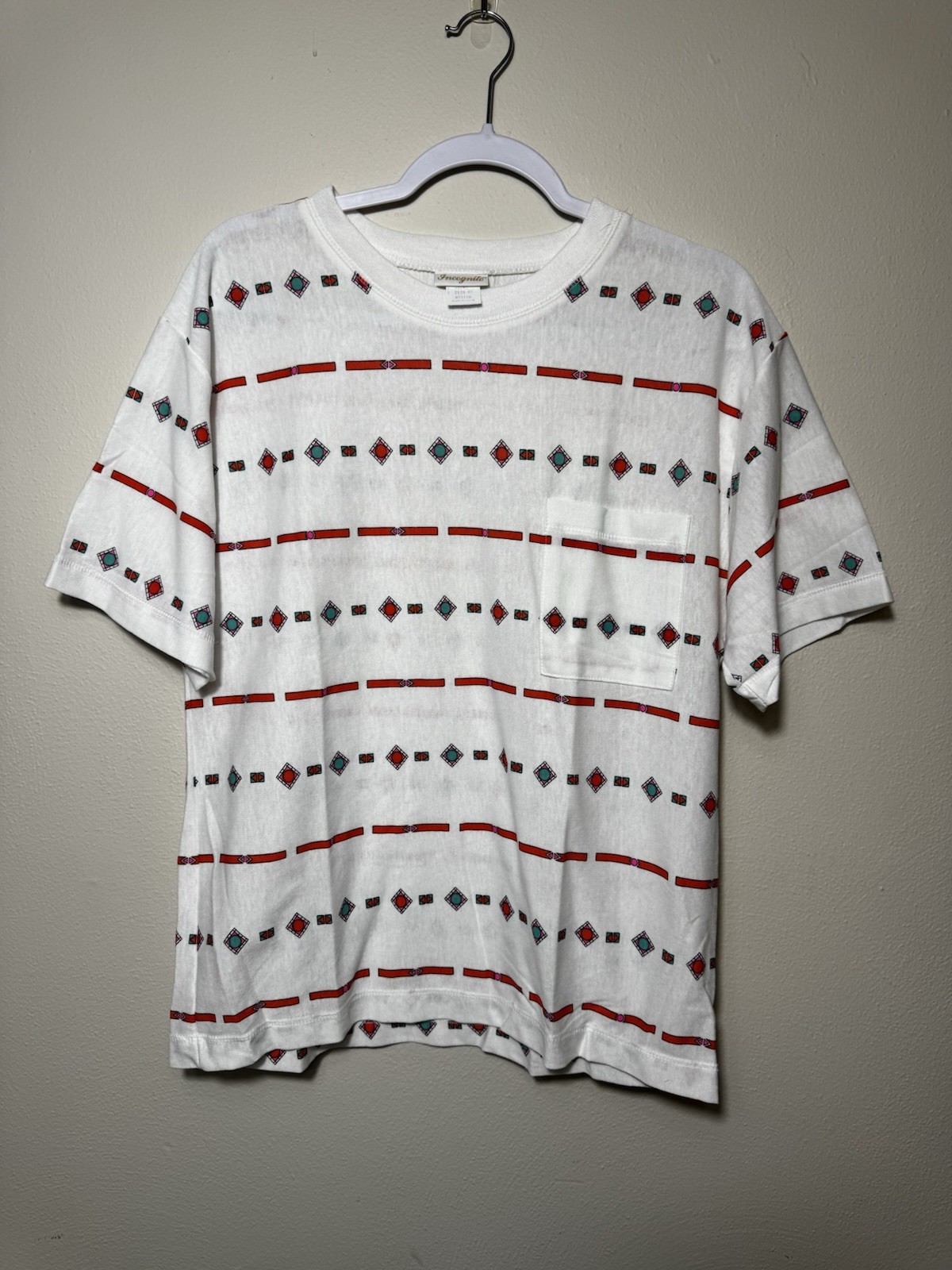 Vintage 1980’s Woman’s Incognito Pocket T-Shirt Geometric Shapes Design Size Med