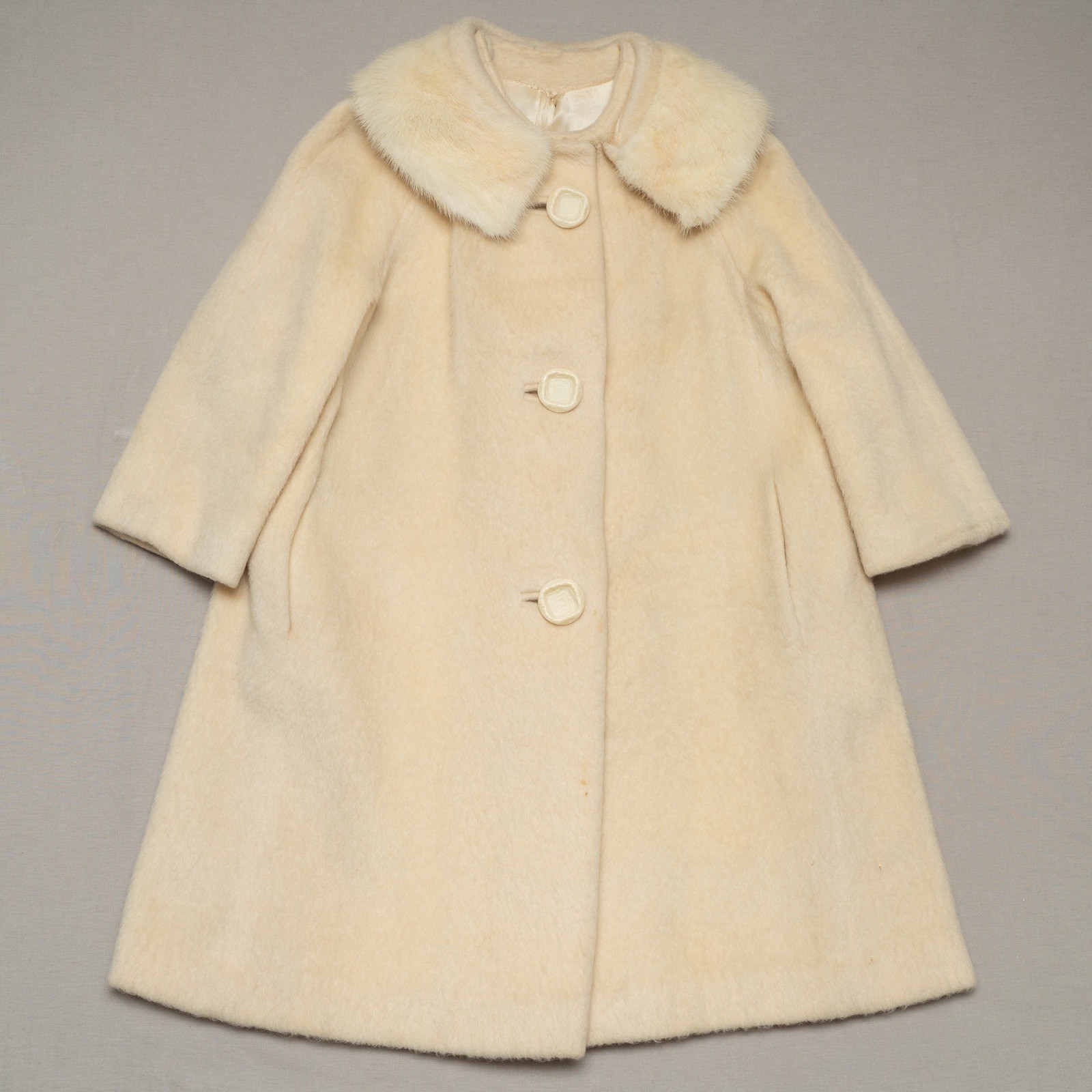 Vintage 50s Womens Pea Coat Rabbit Fur Collar Mohair Jacket Button Up Mod