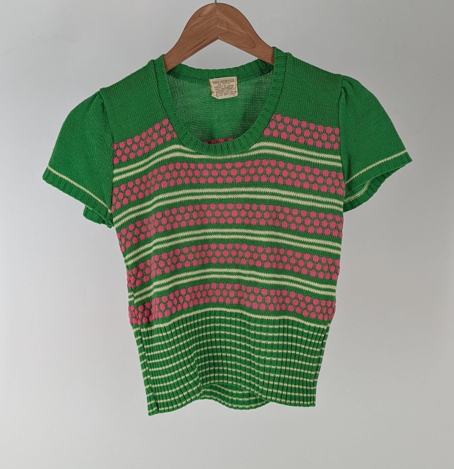 Vintage 1970s Short Sleeve Knit Sweater Green Pink Stripe Geometric Mod Japan