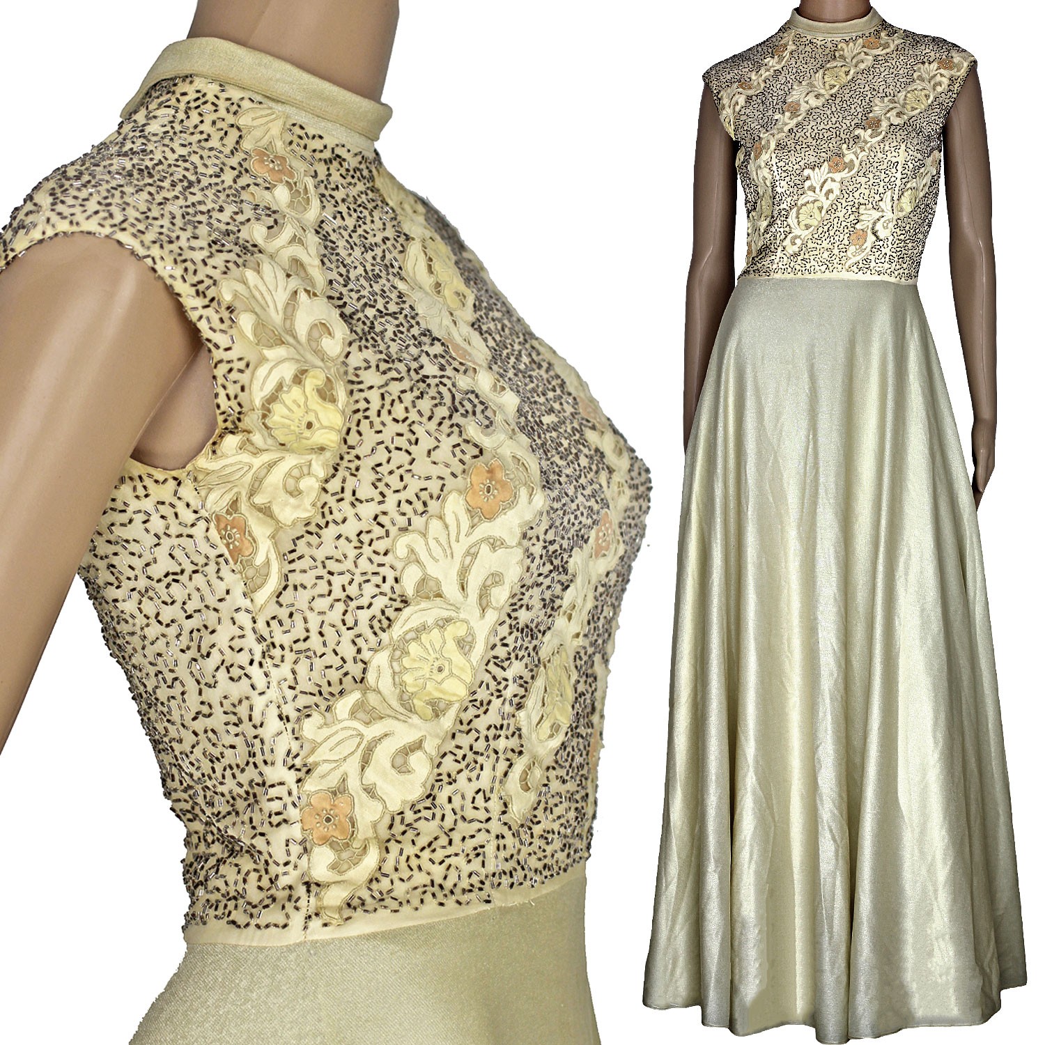1960s Vintage Pat Sandler Dress Beaded Beige Gold Handmade Lace Evening Gown 6