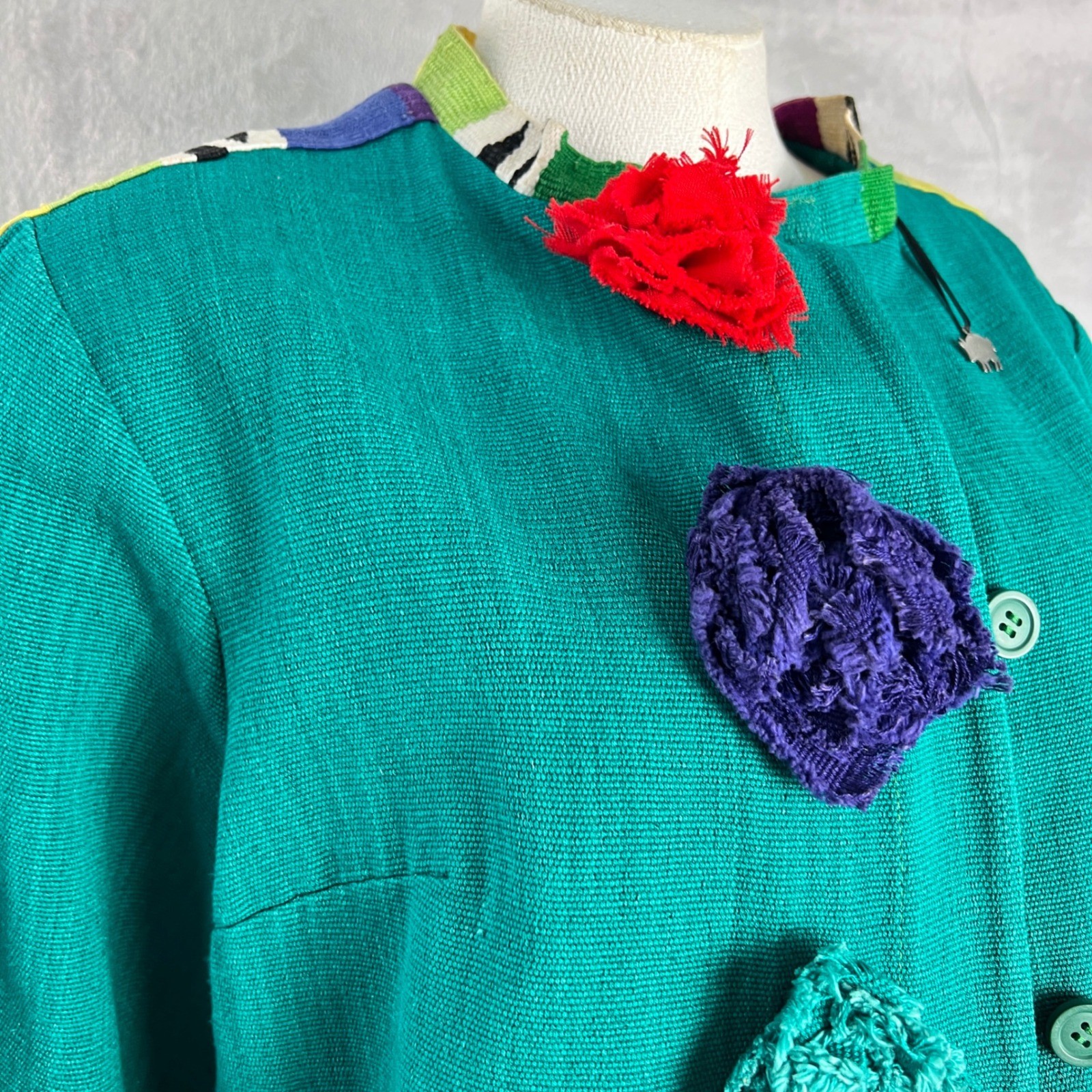 Vintage Women’s Art To Wear Pom Pom Jacket Green size Medium colorful funky