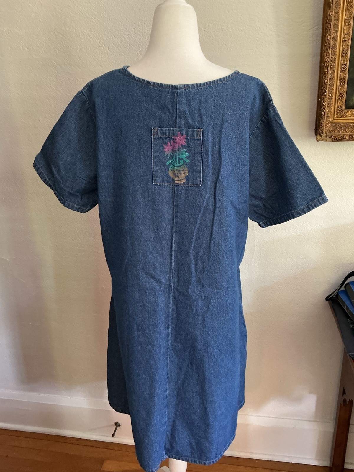 Vintage Rama USA Denim Dress Pockets Smock Hand Painted Cats Plants Comfy Boho L