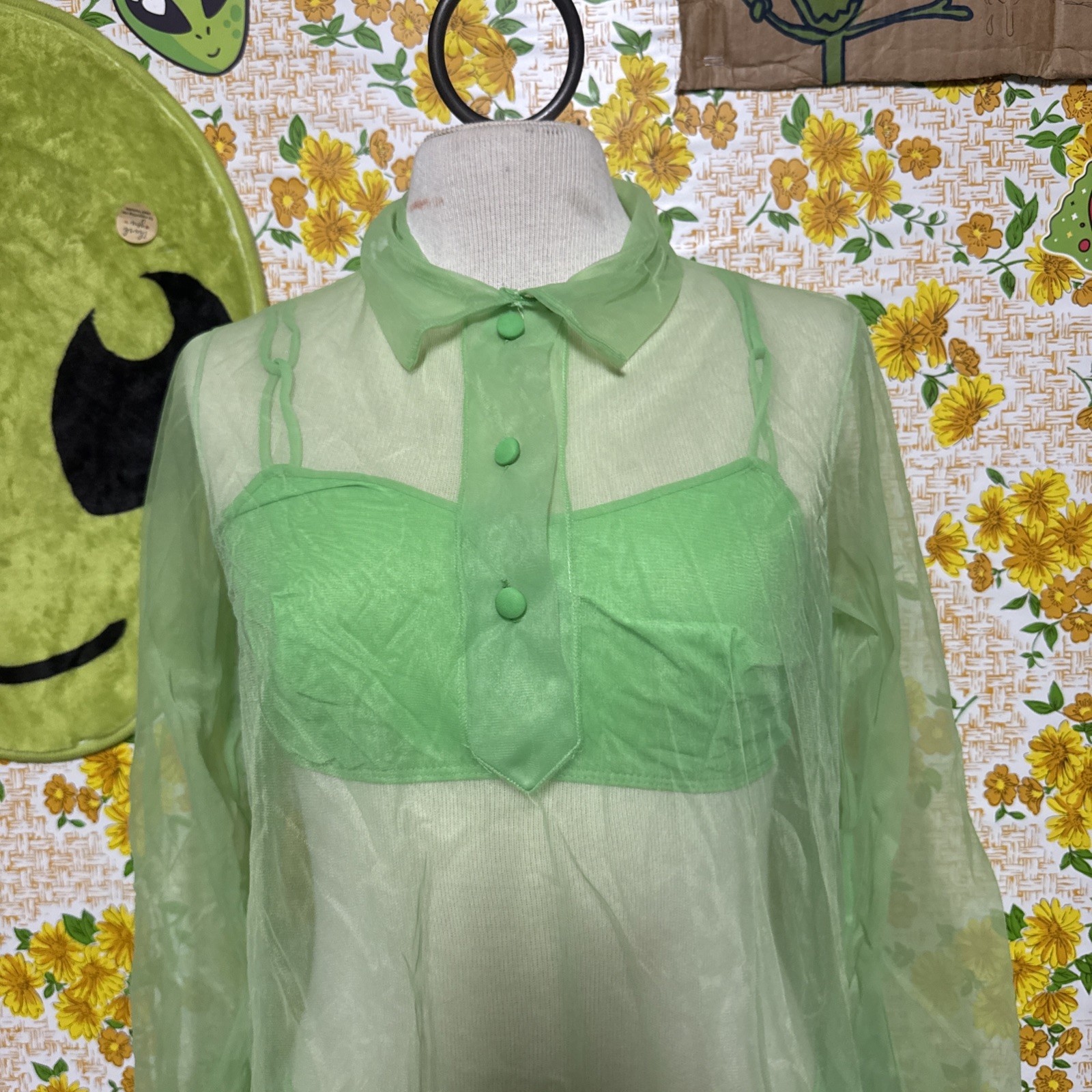 Vintage Retro Groovy Highlighter Green 3piece Lingerie Sleep Set Sexy Set
